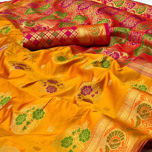 Mustard Woven Art Silk Saree - Peachmode