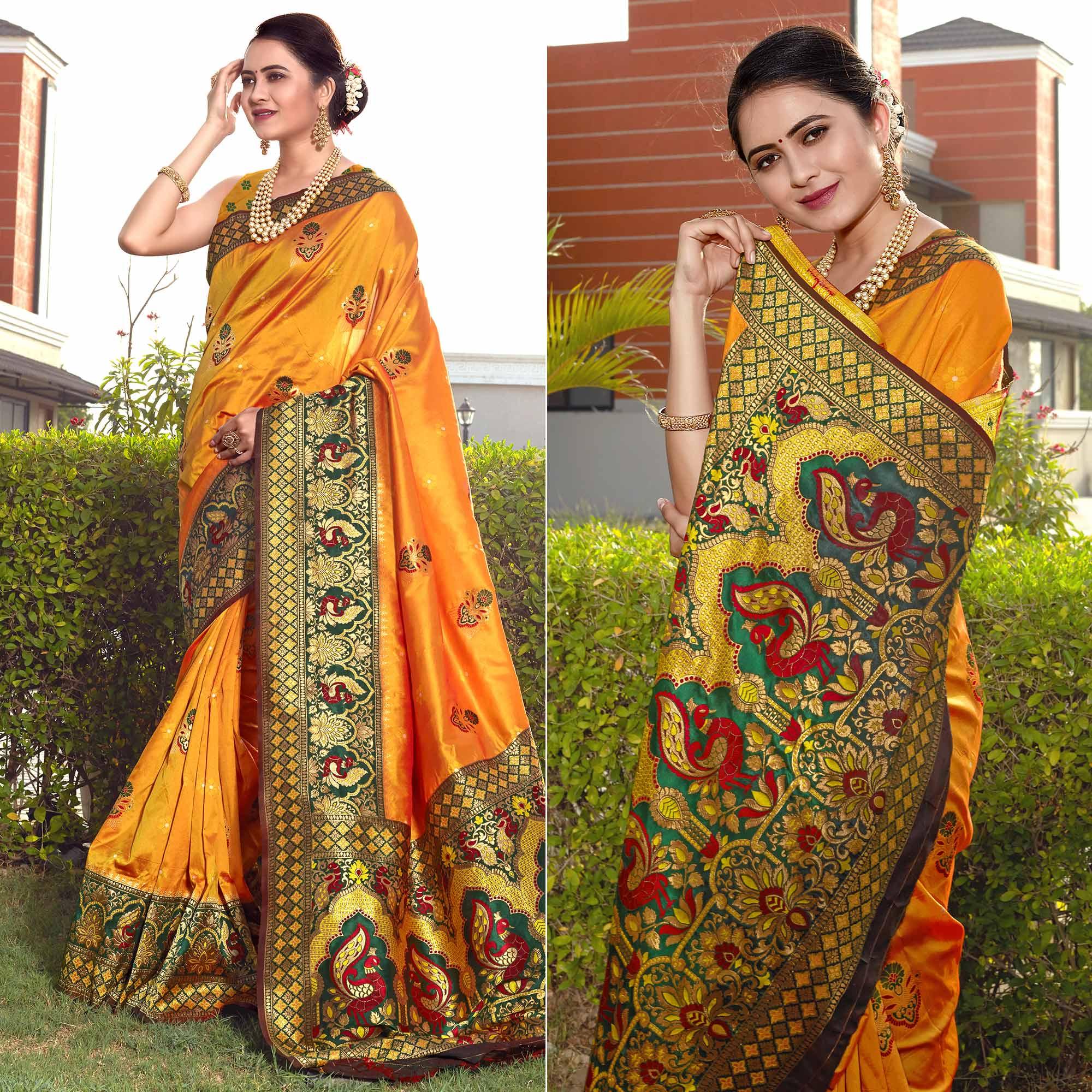 Mustard Woven Banarasi Silk Saree - Peachmode