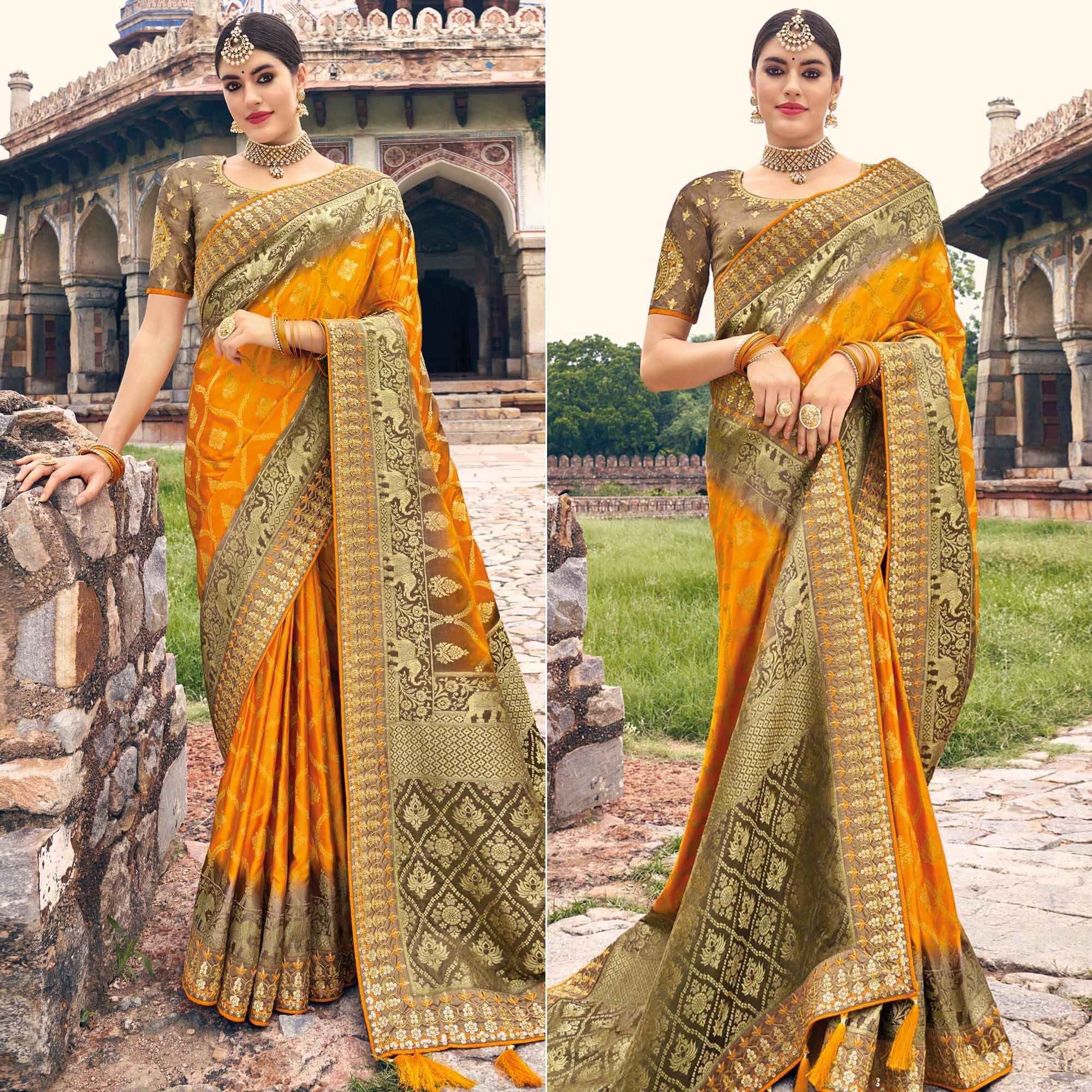 Mustard Woven Banarasi Silk Saree With Tassels - Peachmode