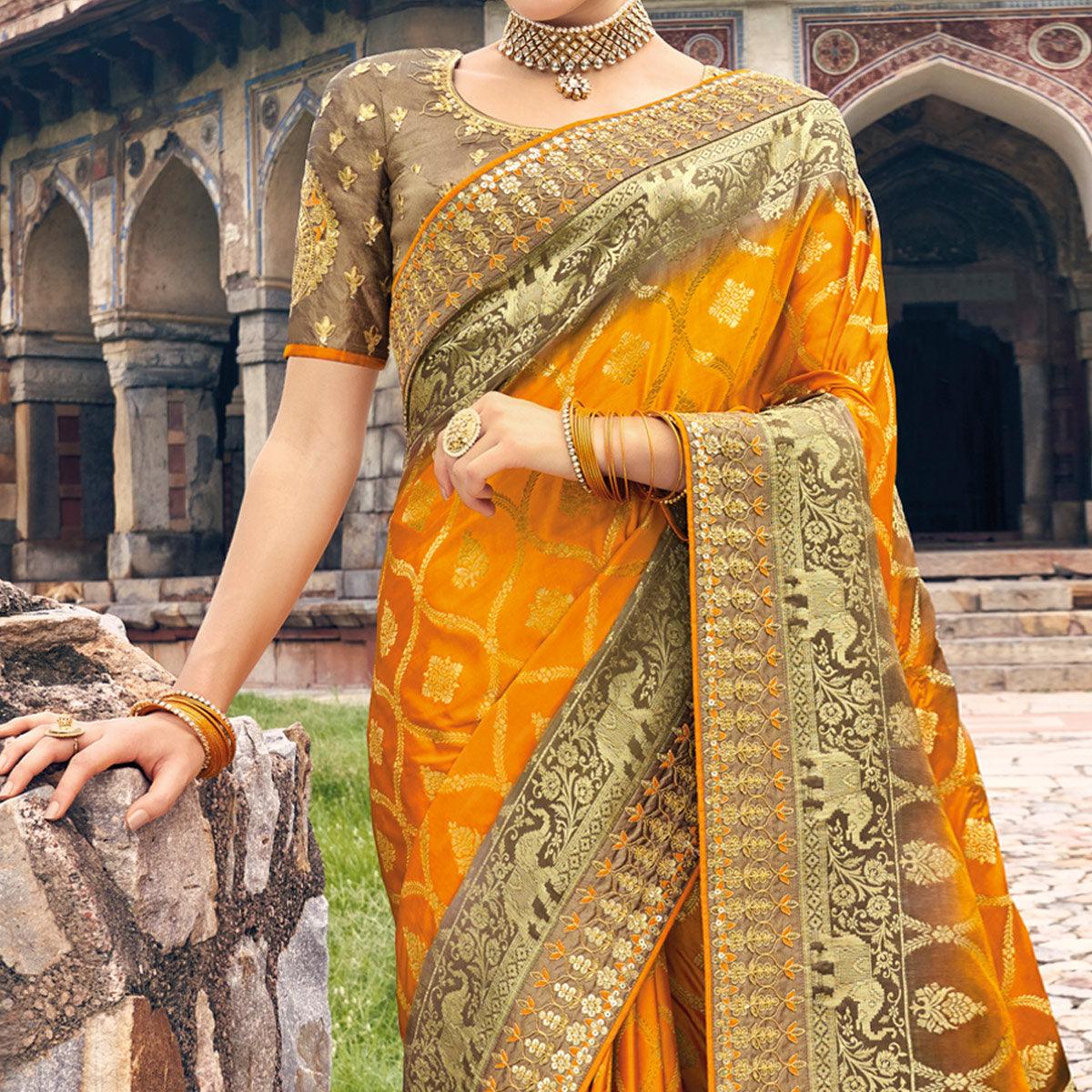 Mustard Woven Banarasi Silk Saree With Tassels - Peachmode