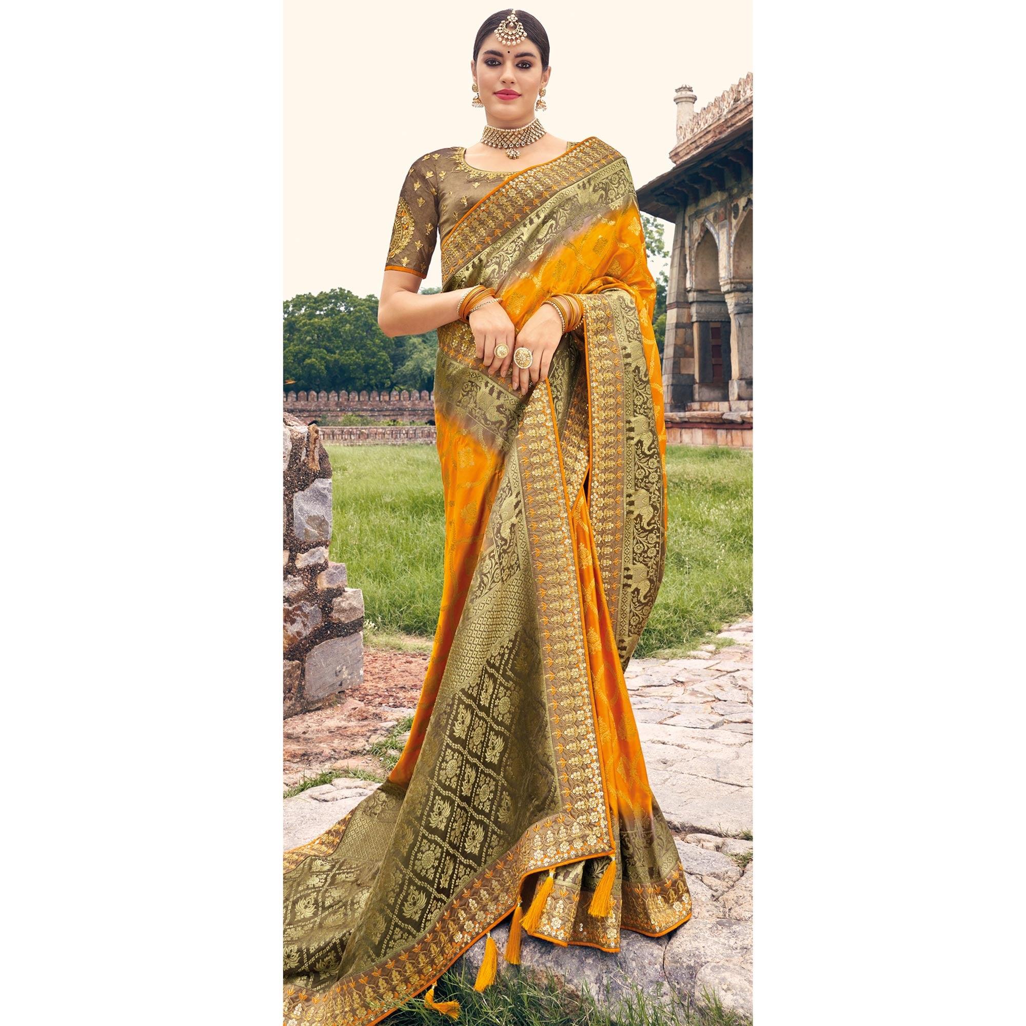 Mustard Woven Banarasi Silk Saree With Tassels - Peachmode