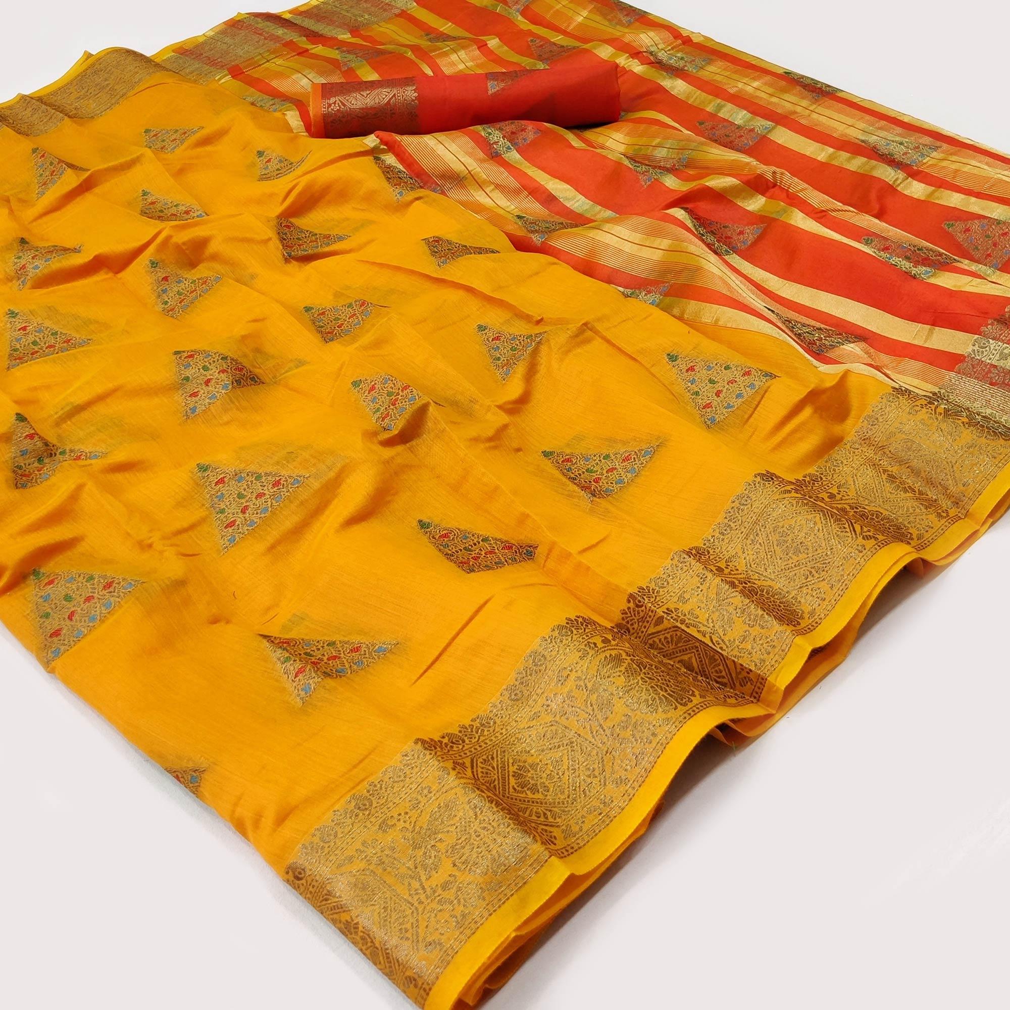 Mustard Woven Cotton Silk Saree - Peachmode