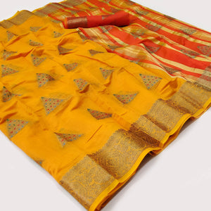 Mustard Woven Cotton Silk Saree - Peachmode