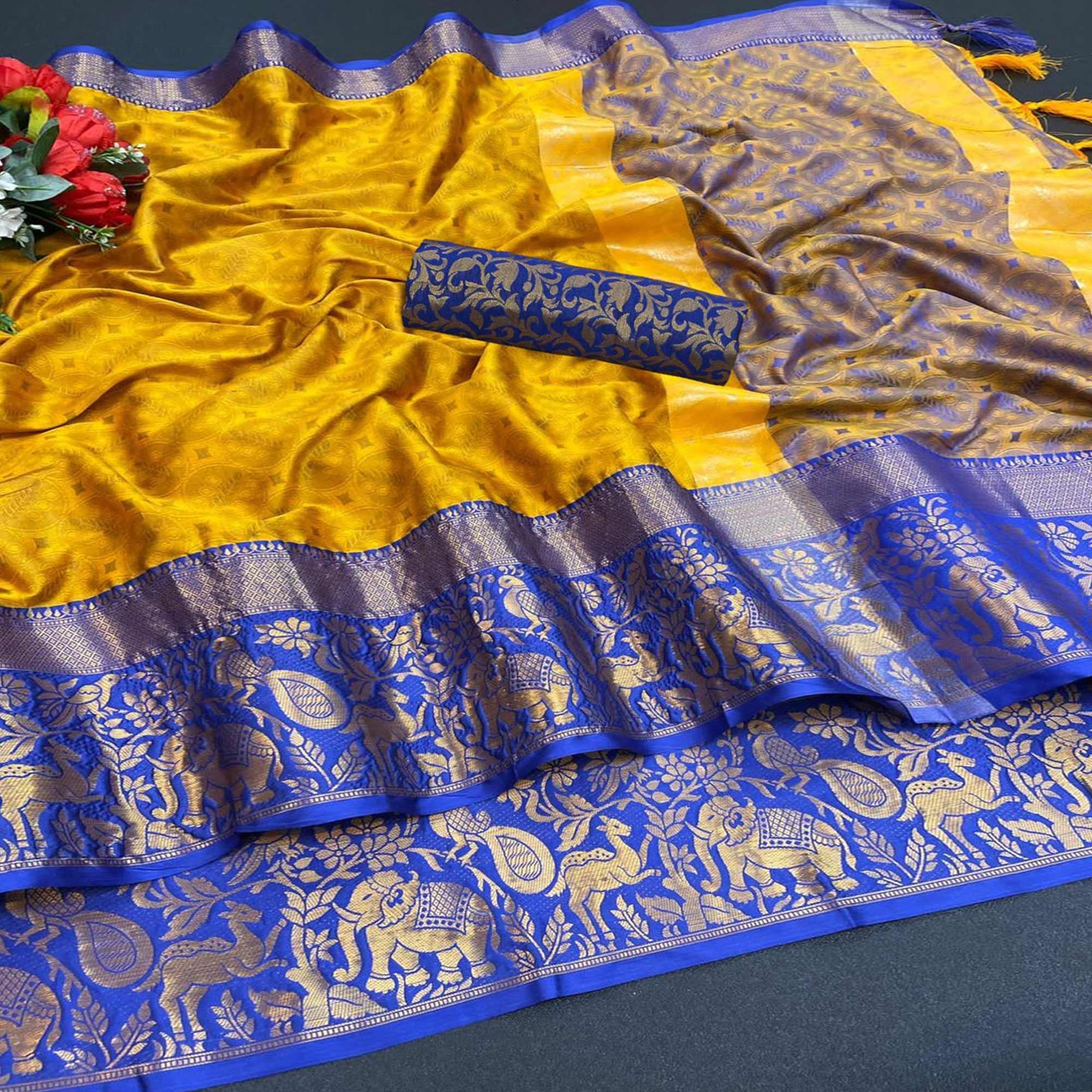 Mustard Woven Cotton Silk Saree - Peachmode