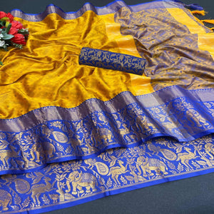 Mustard Woven Cotton Silk Saree - Peachmode