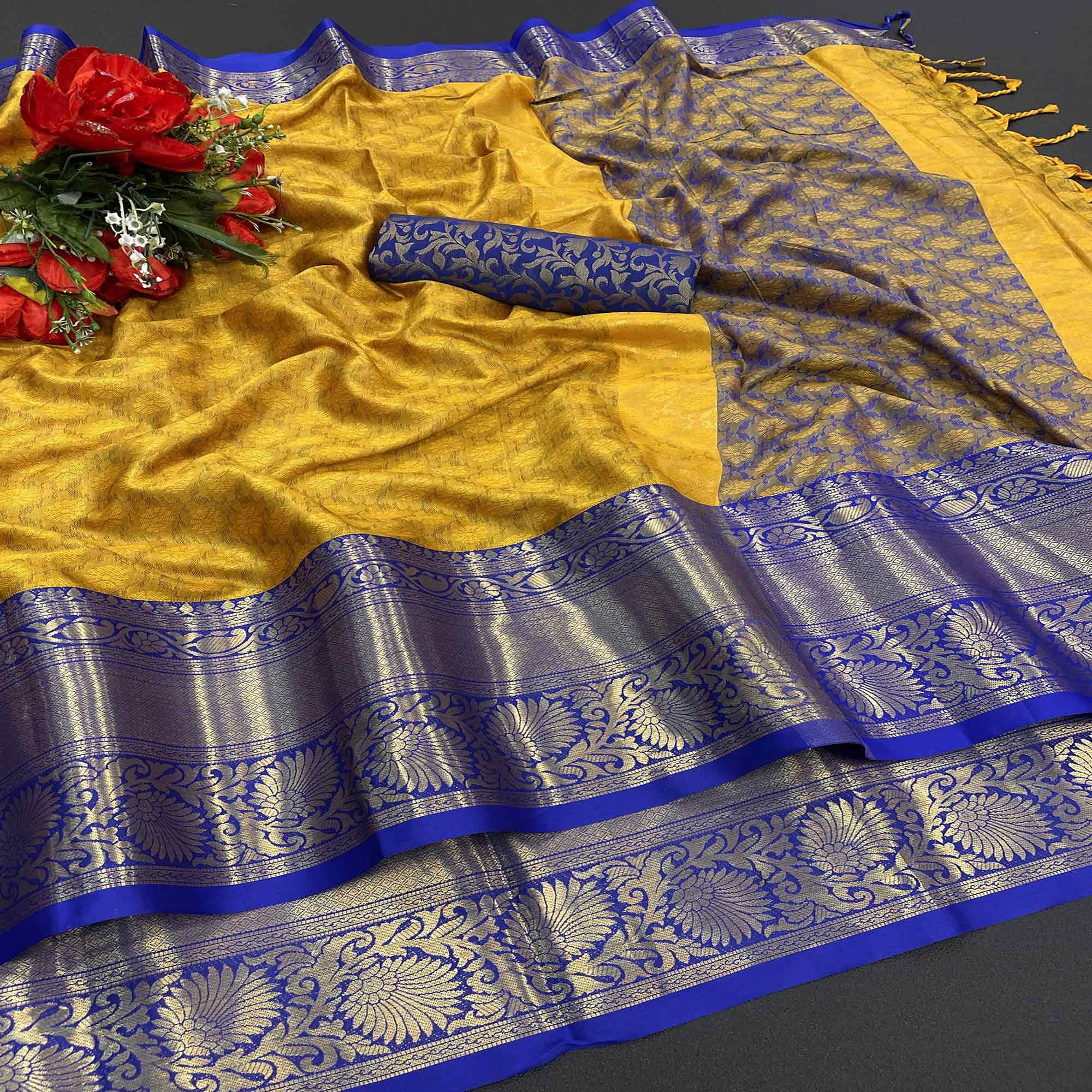 Mustard Woven Cotton Silk Saree - Peachmode