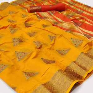 Mustard Woven Cotton Silk Saree - Peachmode