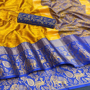 Mustard Woven Cotton Silk Saree - Peachmode