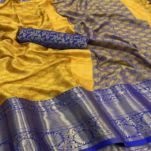 Mustard Woven Cotton Silk Saree - Peachmode