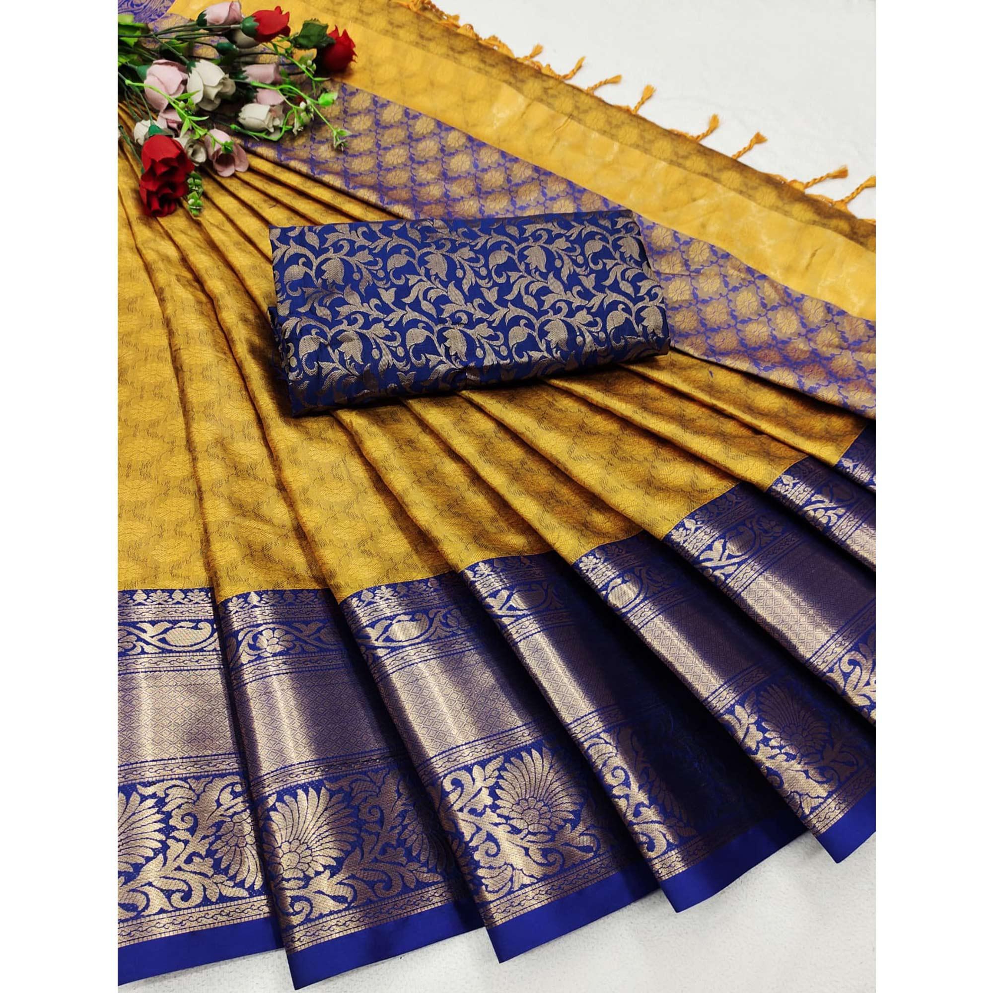 Mustard Woven Cotton Silk Saree - Peachmode