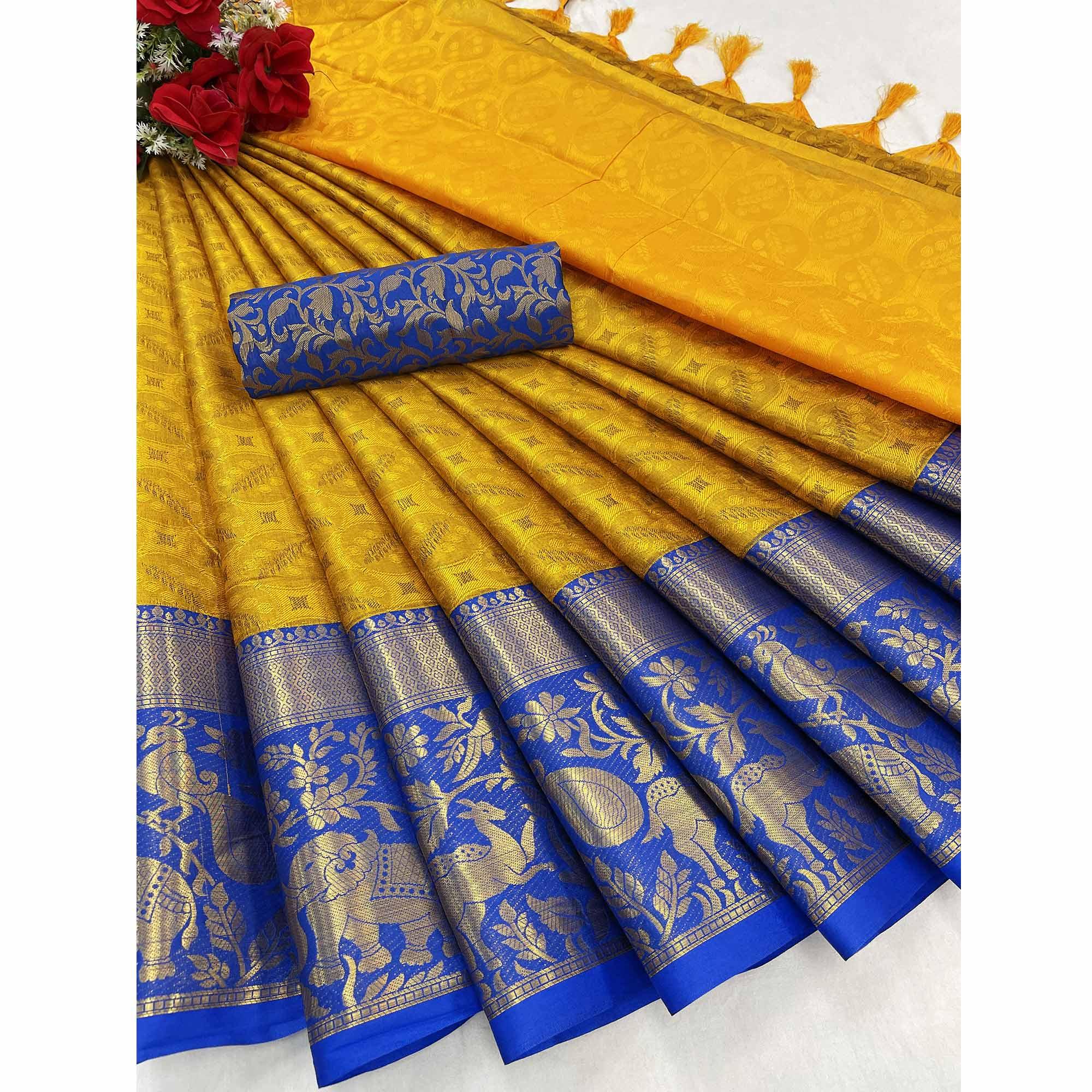 Mustard Woven Cotton Silk Saree - Peachmode