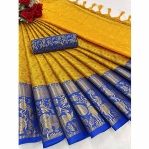 Mustard Woven Cotton Silk Saree - Peachmode