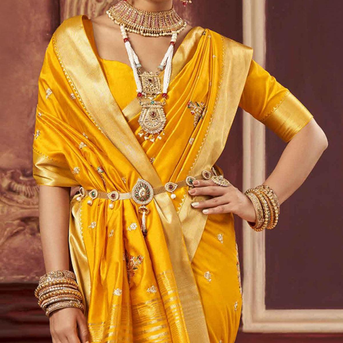 Mustard Woven-Embroidered Raw Silk Saree With Tassels - Peachmode