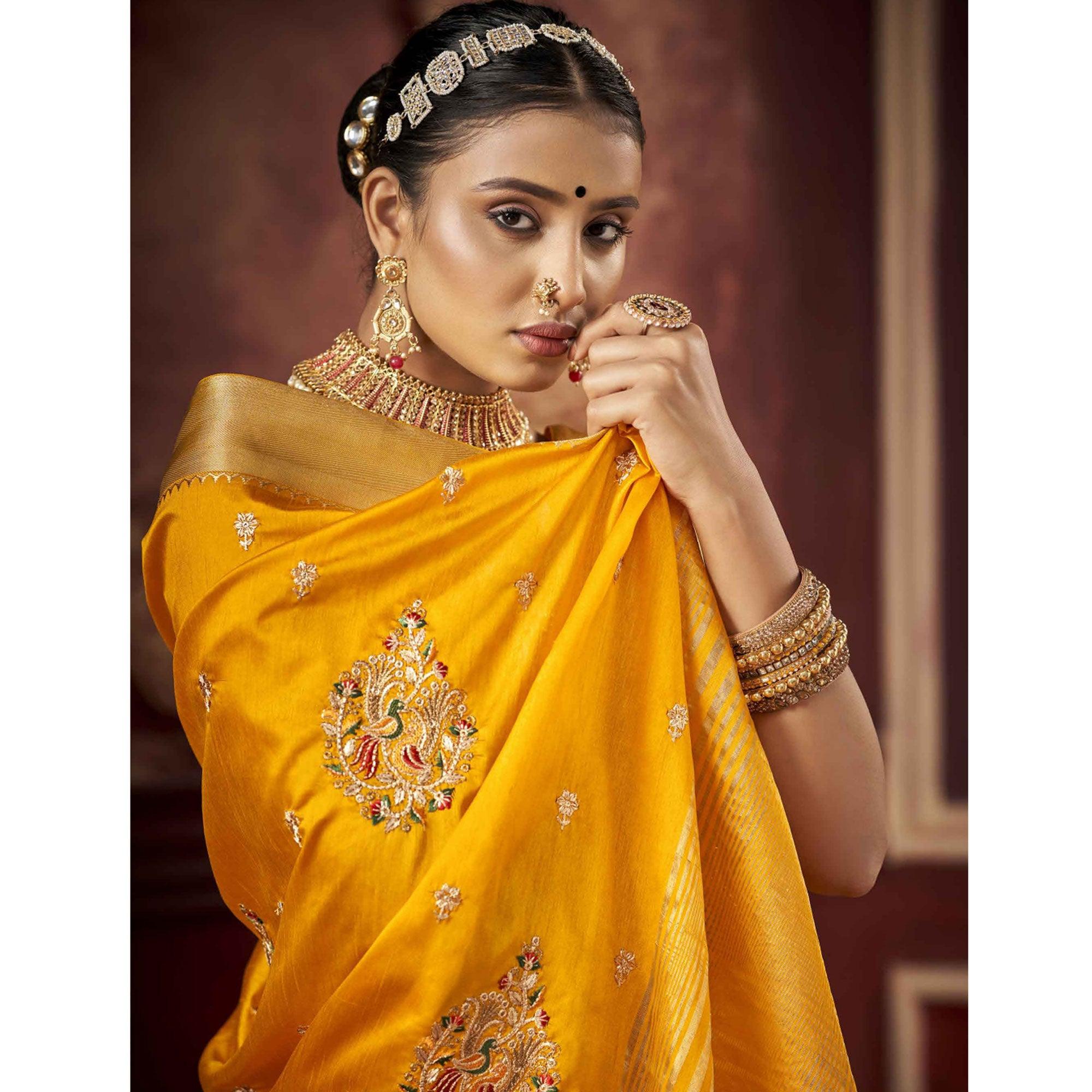 Mustard Woven-Embroidered Raw Silk Saree With Tassels - Peachmode