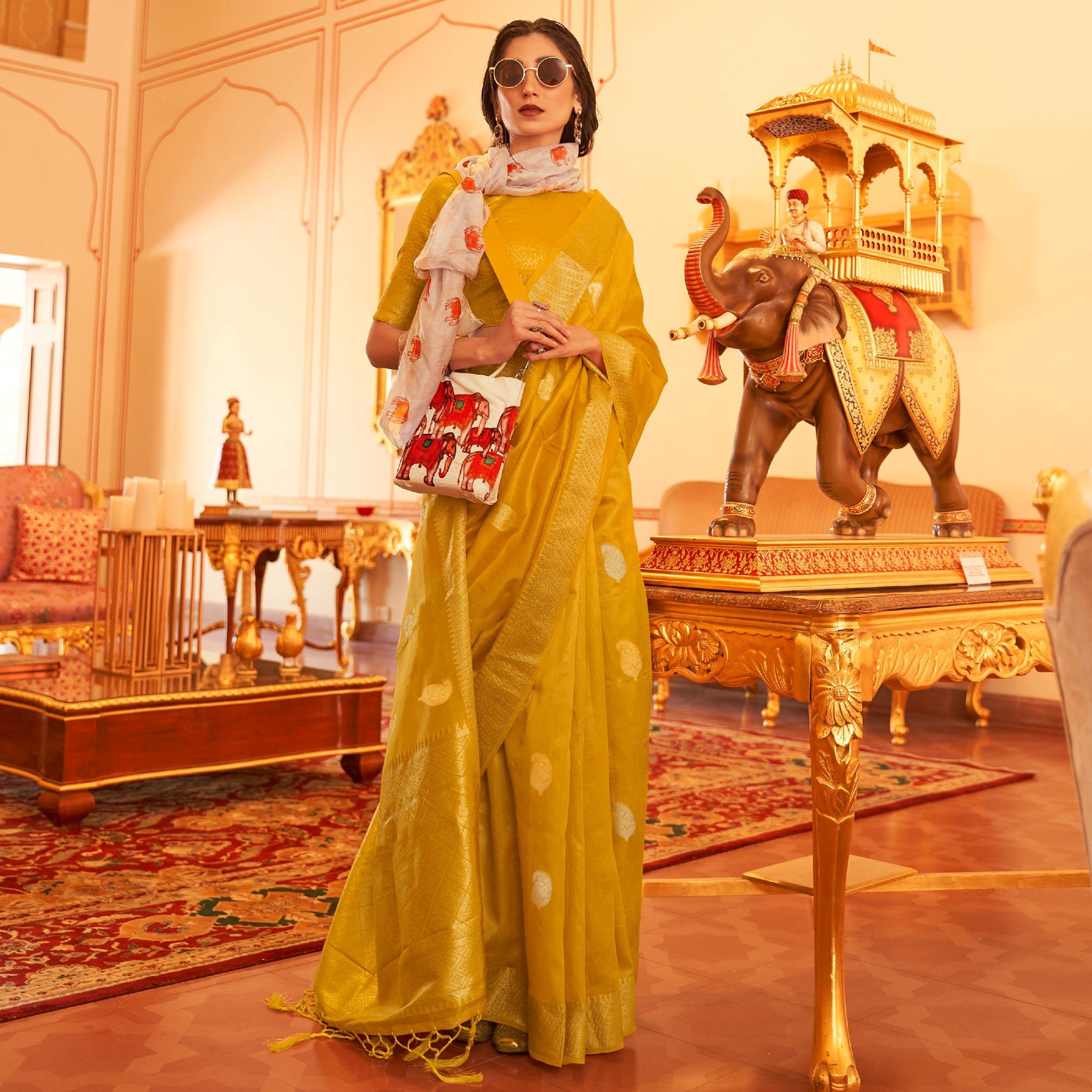 Mustard Woven Linen Saree With Tassels - Peachmode