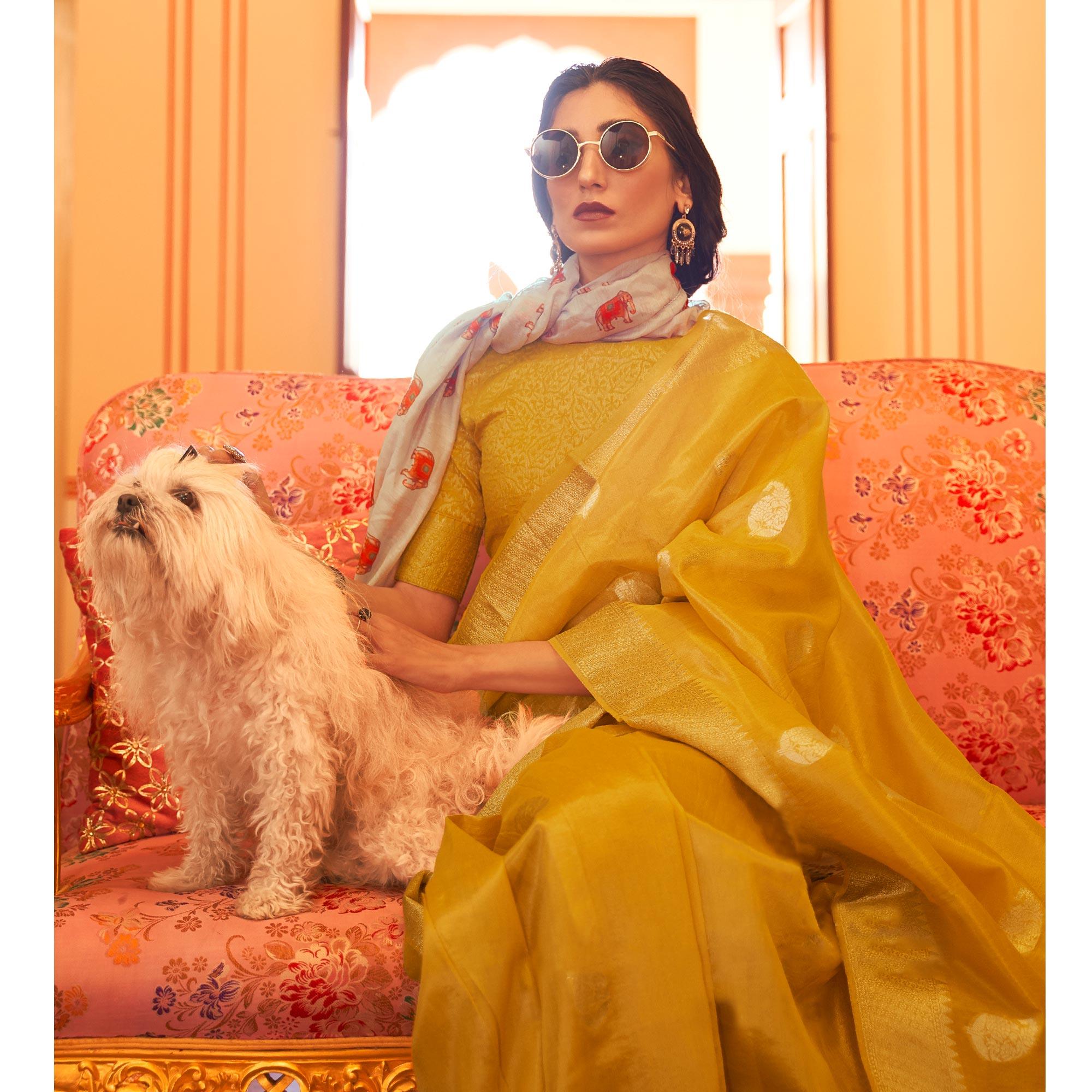 Mustard Woven Linen Saree With Tassels - Peachmode