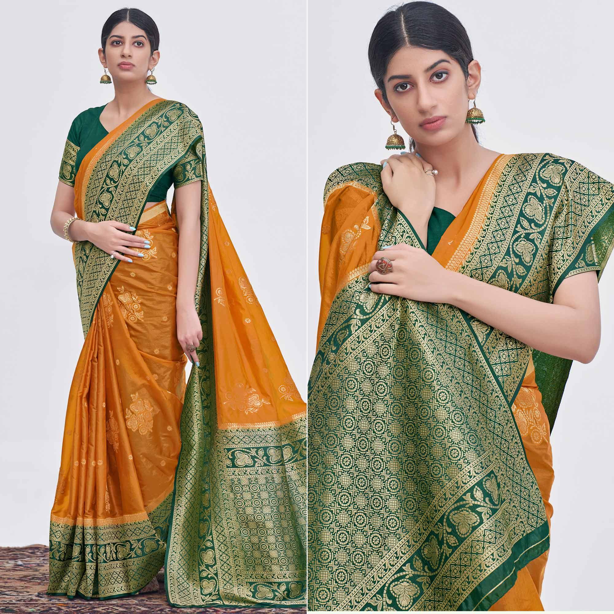 Mustard Woven Organza Saree - Peachmode