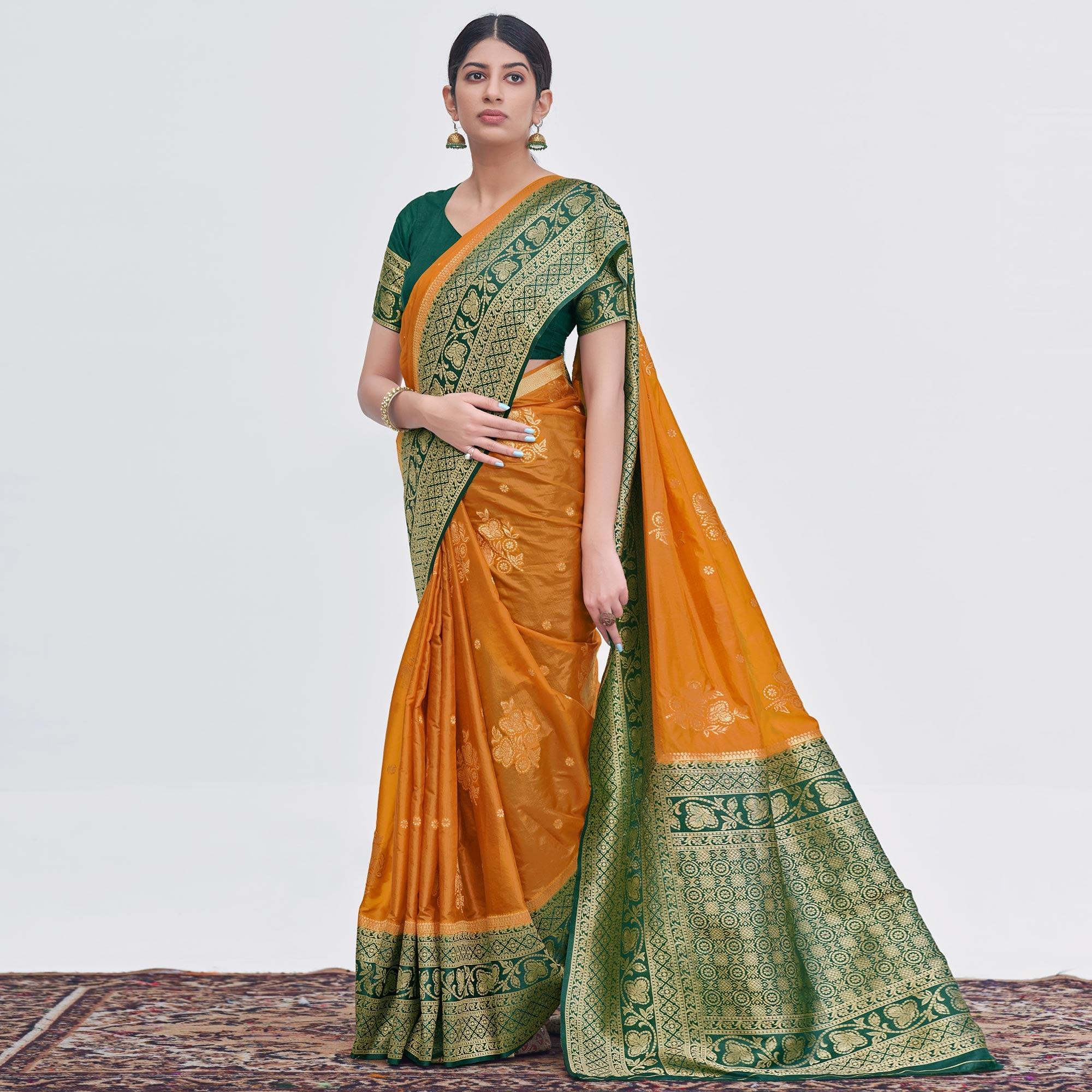 Mustard Woven Organza Saree - Peachmode