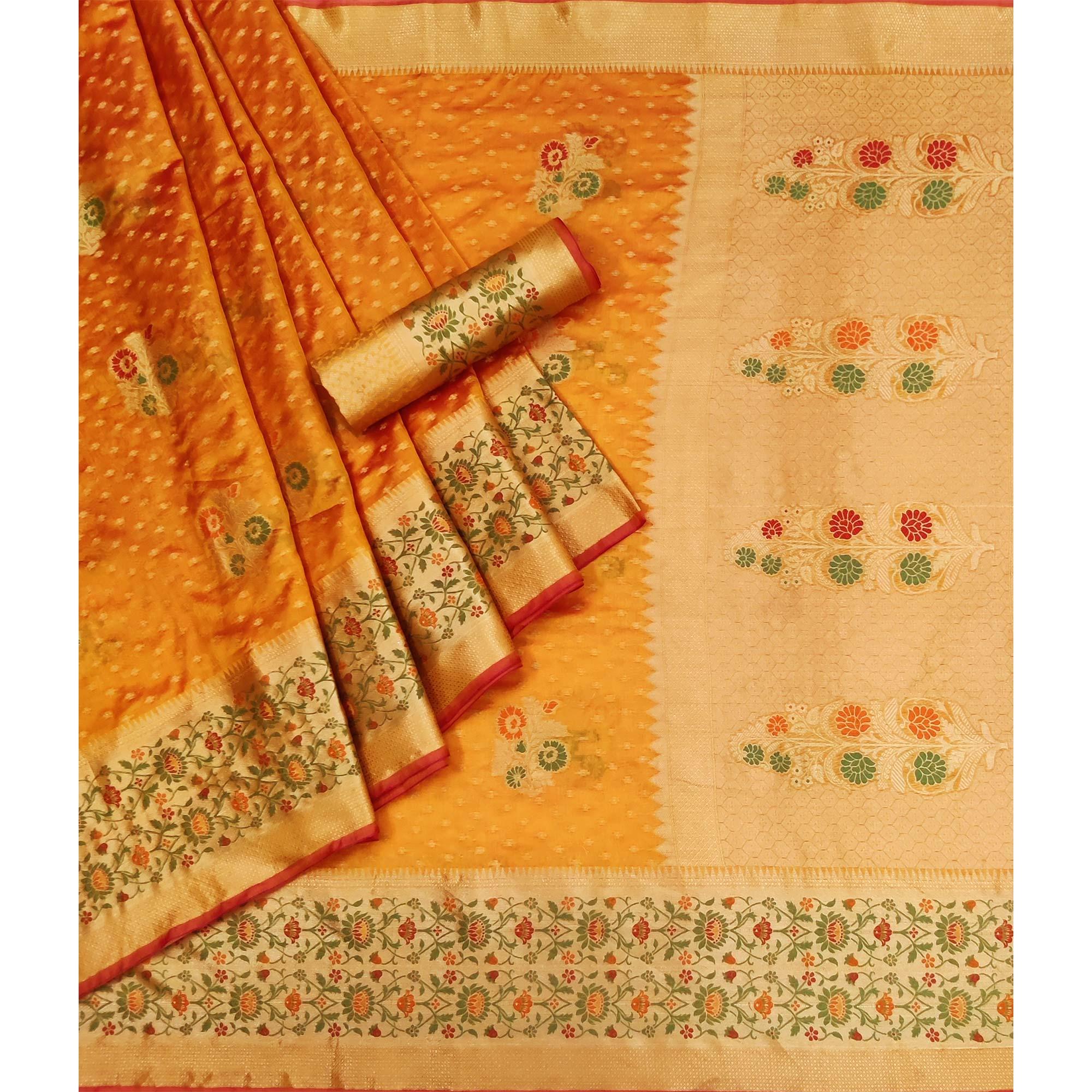 Mustard Woven Organza Saree - Peachmode