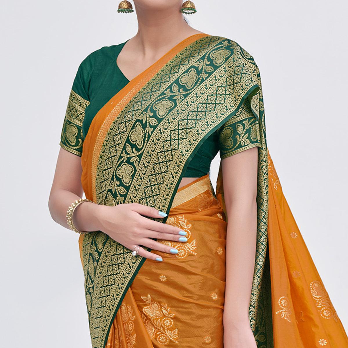Mustard Woven Organza Saree - Peachmode