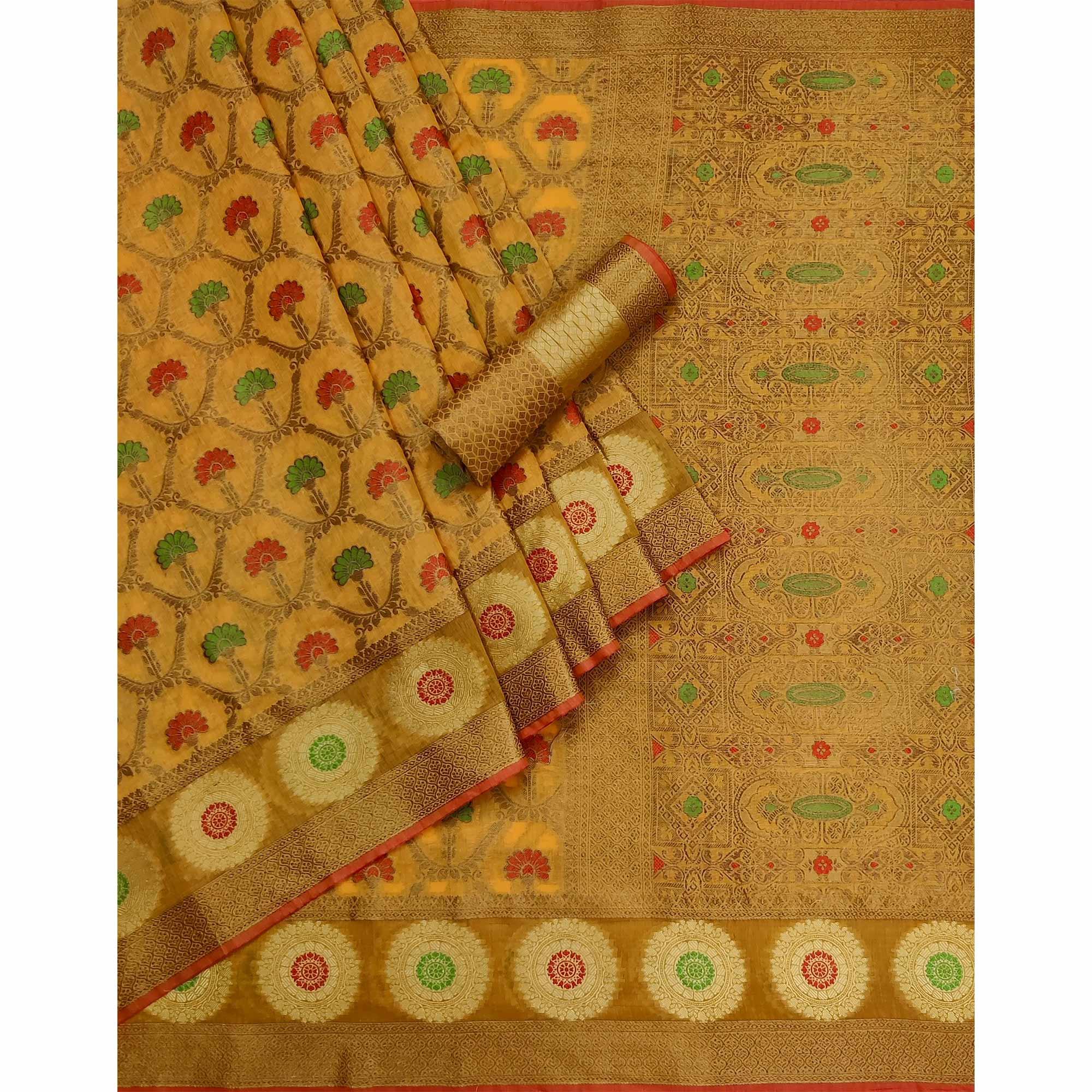 Mustard Woven Poly Cotton Saree - Peachmode