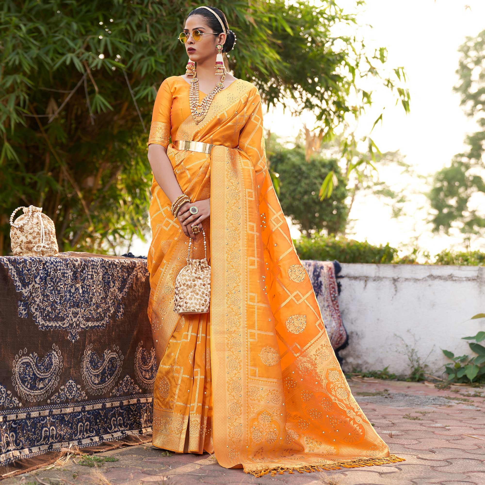 Mustard Woven With Embellished Art Silk Saree With Tassels - Peachmode