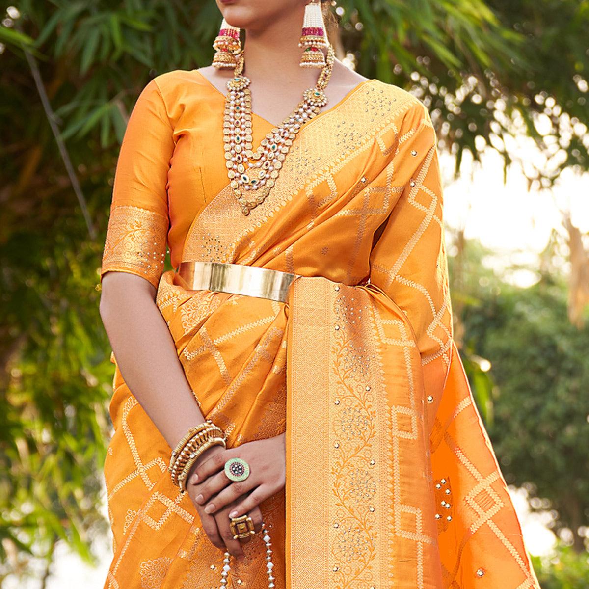 Mustard Woven With Embellished Art Silk Saree With Tassels - Peachmode