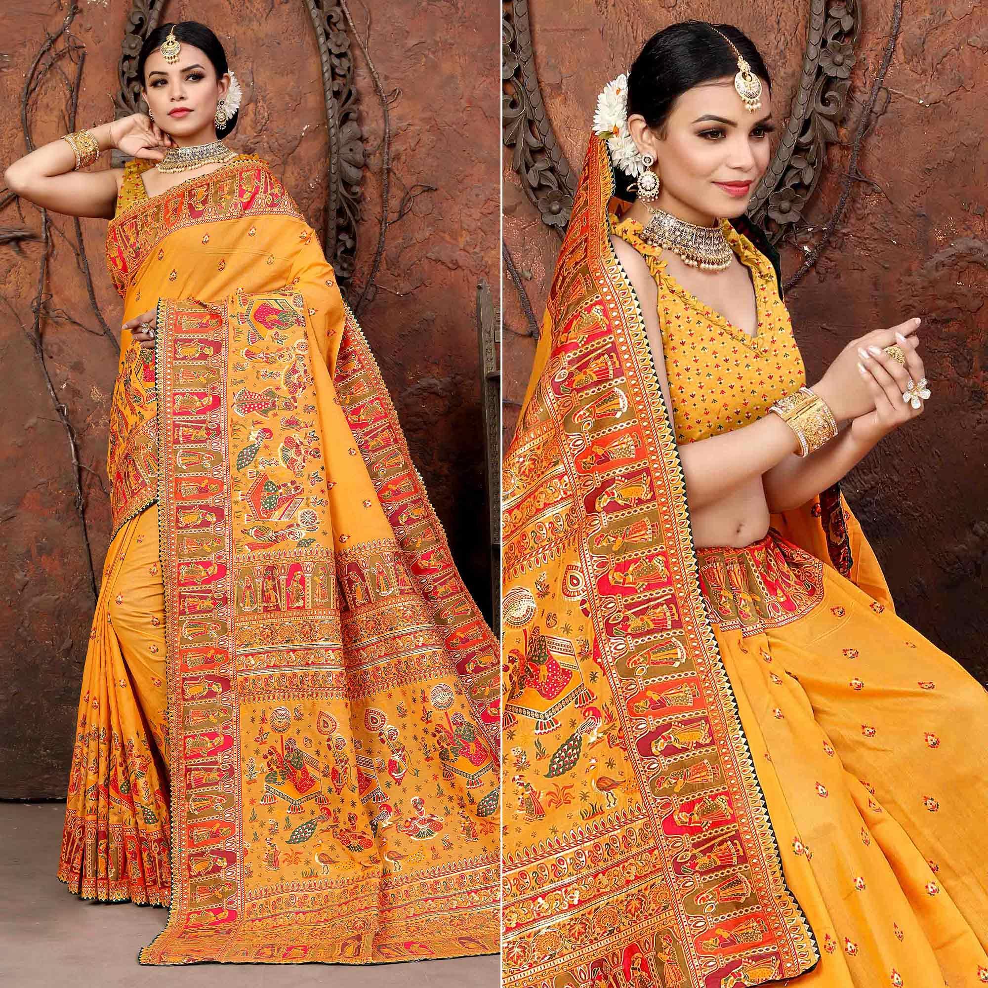 Mustard Woven With Gota Patti Border Chanderi Saree - Peachmode