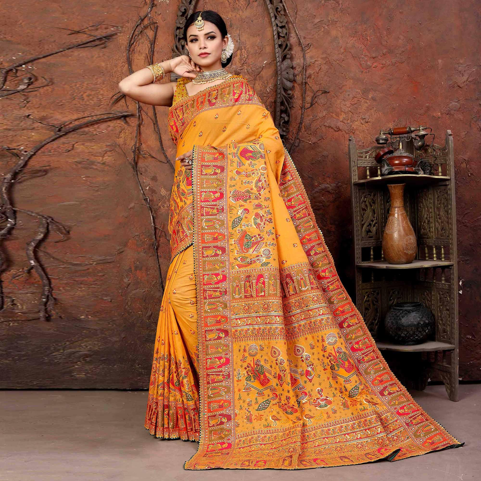 Mustard Woven With Gota Patti Border Chanderi Saree - Peachmode