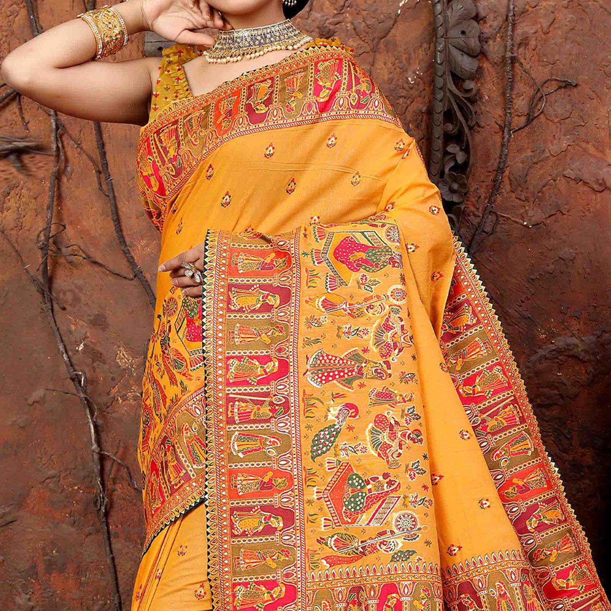 Mustard Woven With Gota Patti Border Chanderi Saree - Peachmode