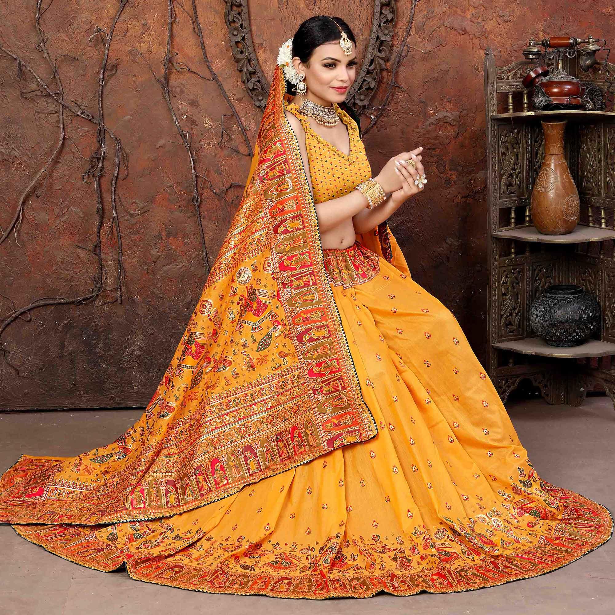 Mustard Woven With Gota Patti Border Chanderi Saree - Peachmode