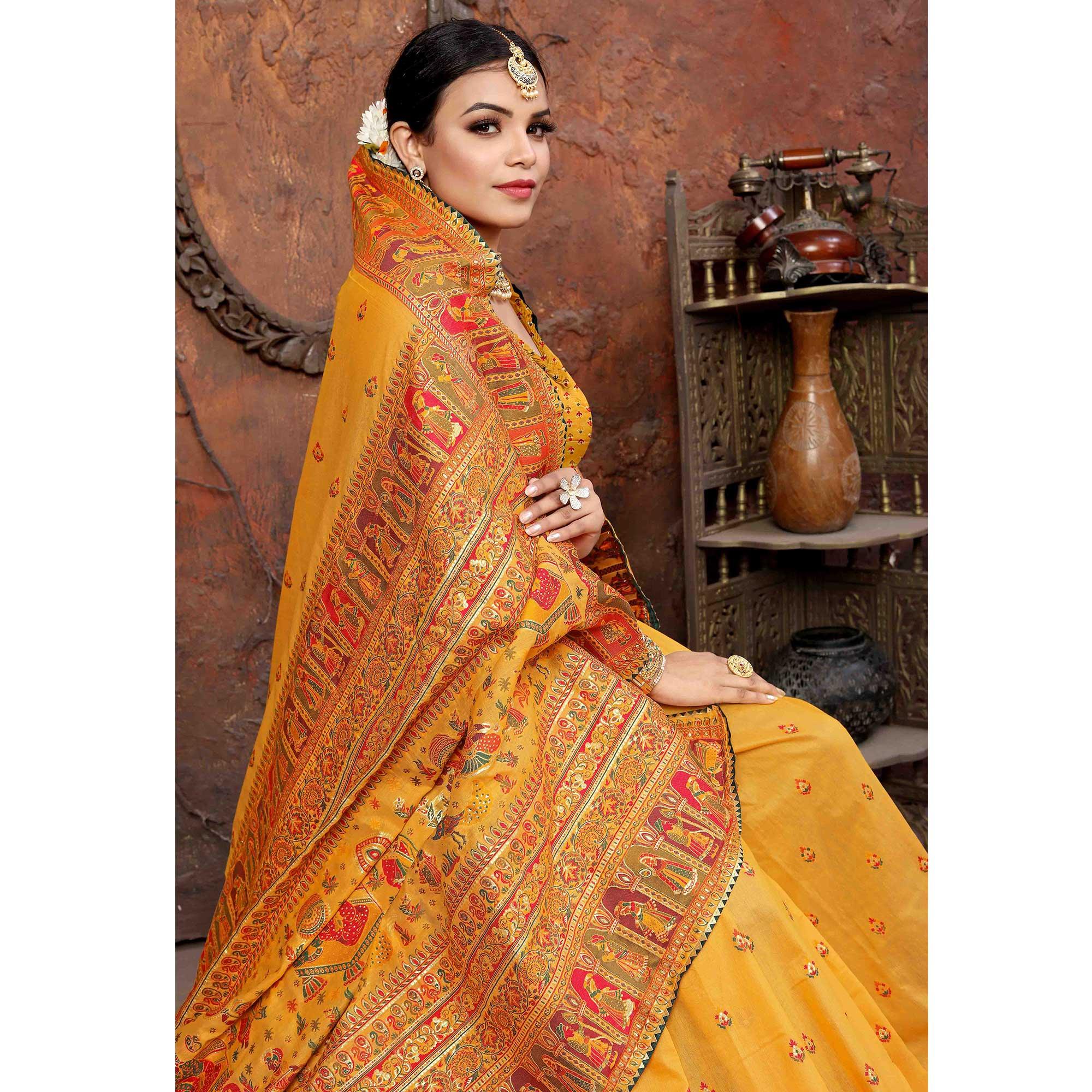 Mustard Woven With Gota Patti Border Chanderi Saree - Peachmode