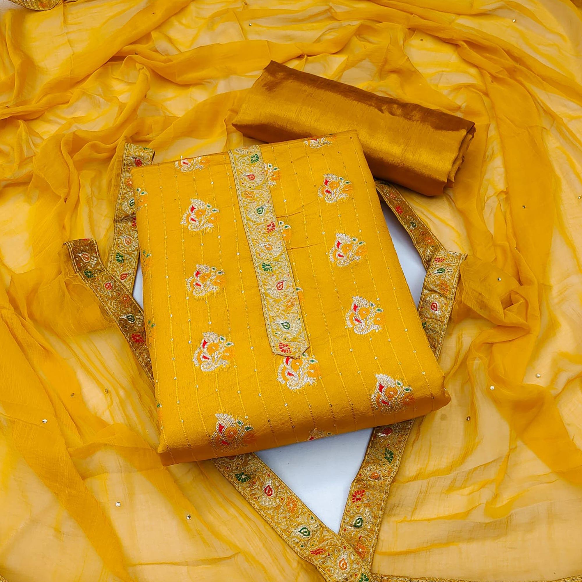 Mustard Woven With Sequence Art Silk Dress Material - Peachmode