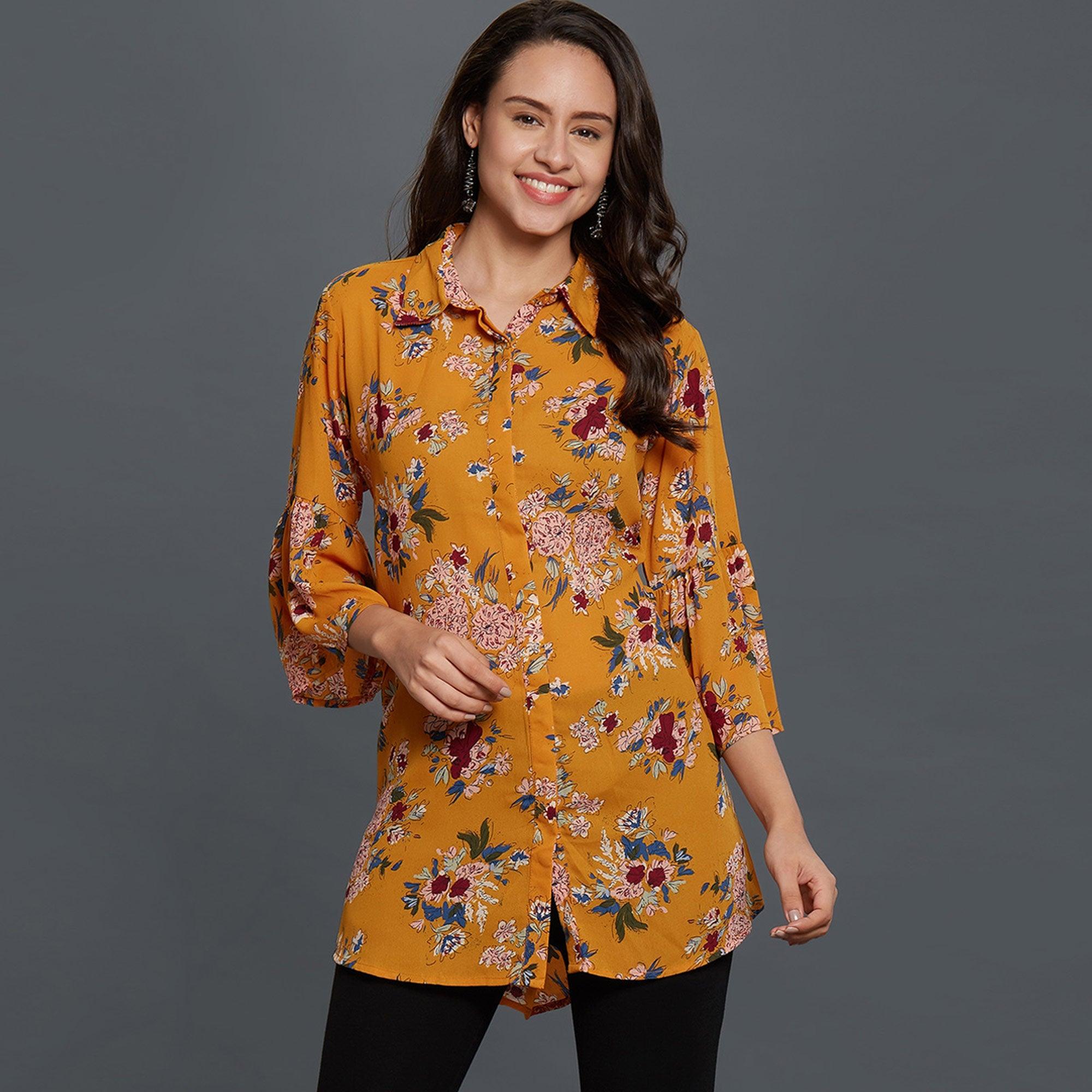 Mustard Yellow Casual Printed Rayon Top - Peachmode