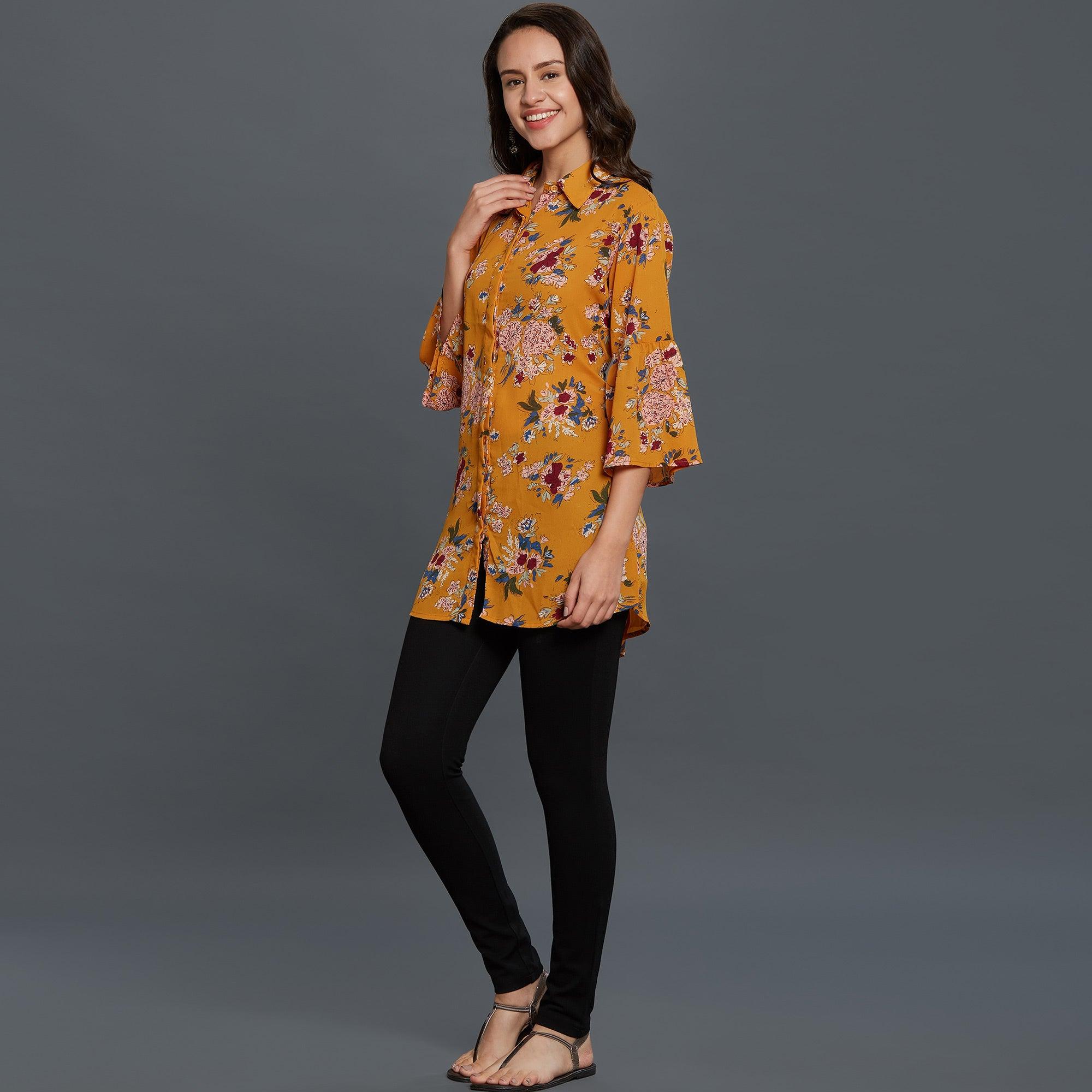 Mustard Yellow Casual Printed Rayon Top - Peachmode