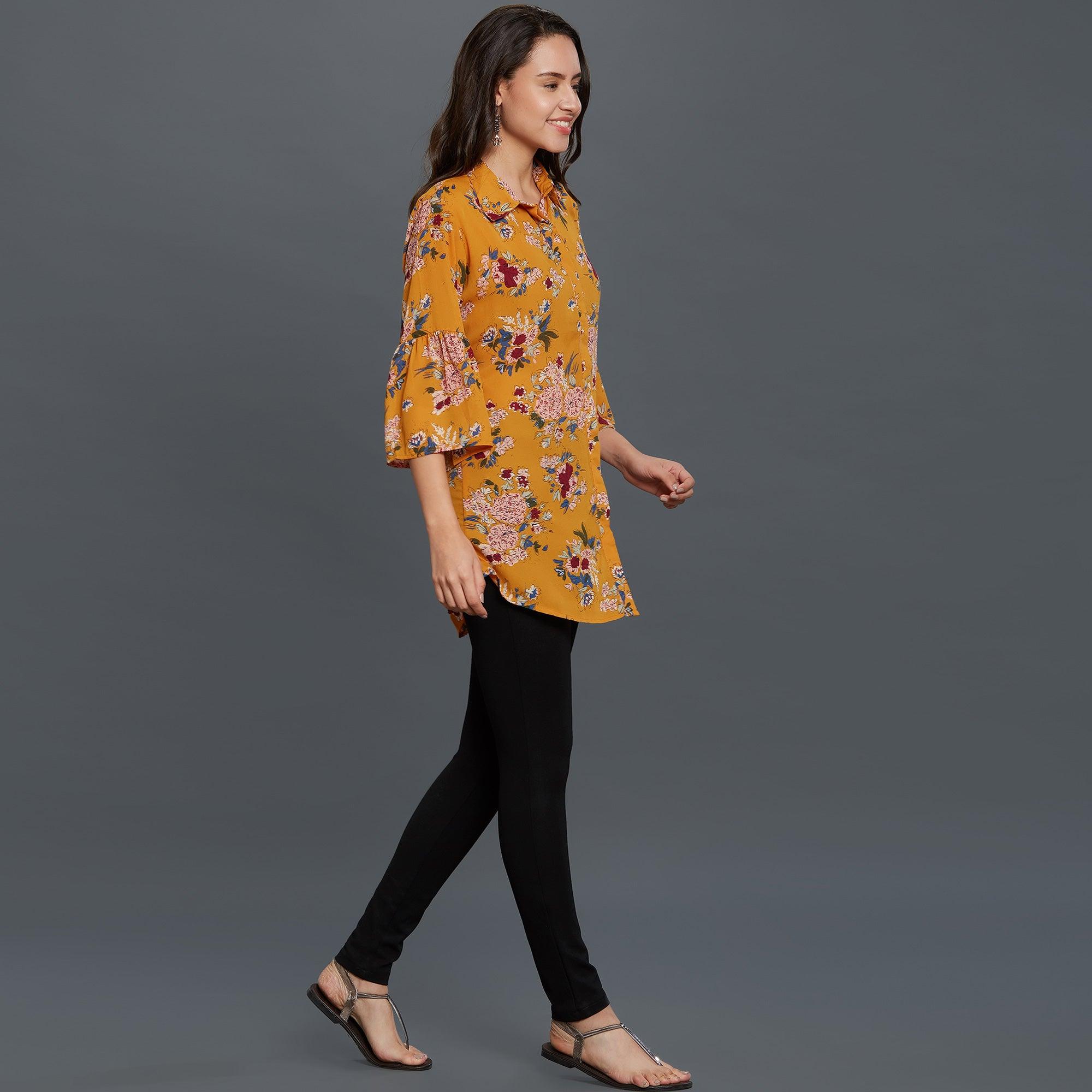 Mustard Yellow Casual Printed Rayon Top - Peachmode