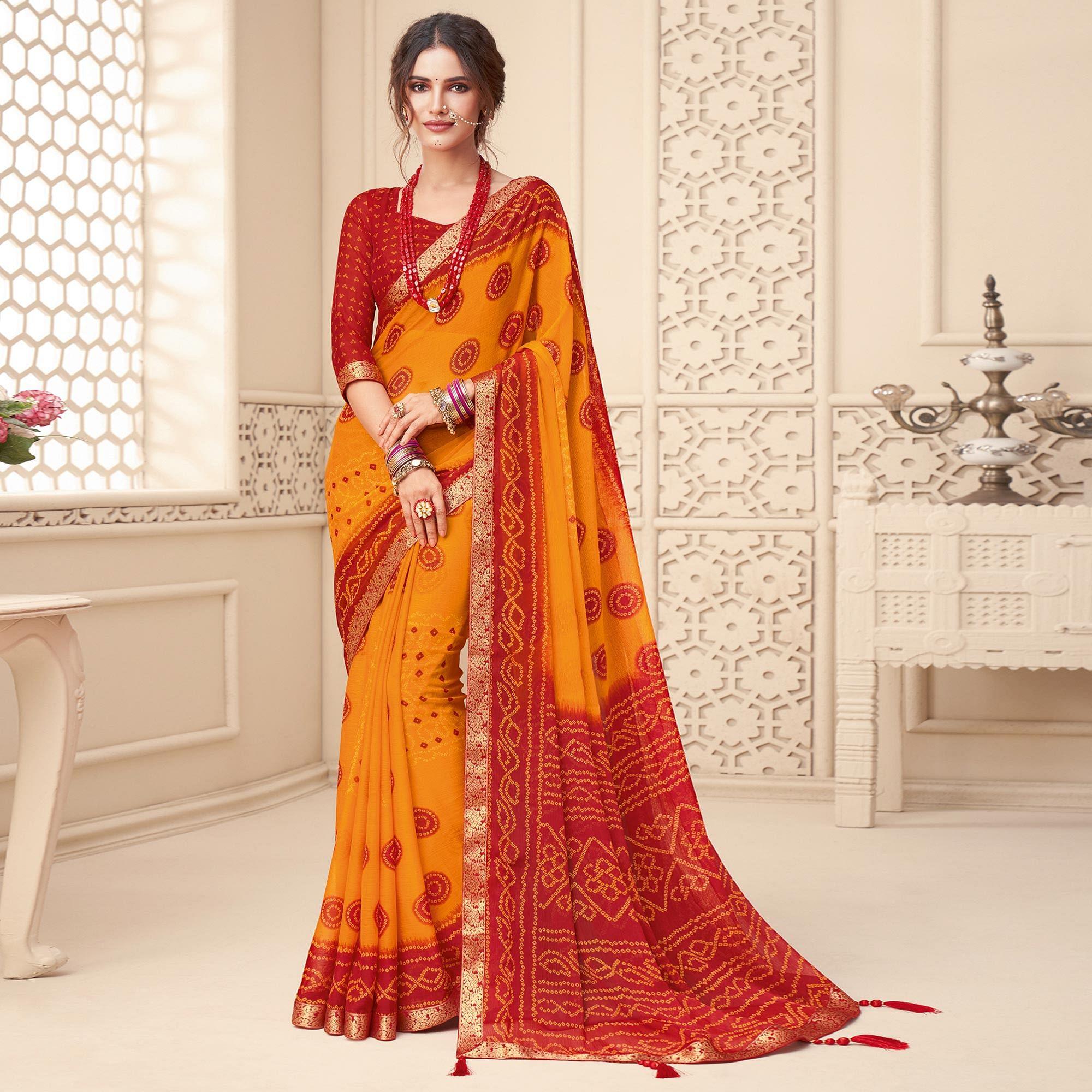 Mustard-Yellow Casual Wear Bandhani Printed Chiffon Saree With Tassels - Peachmode