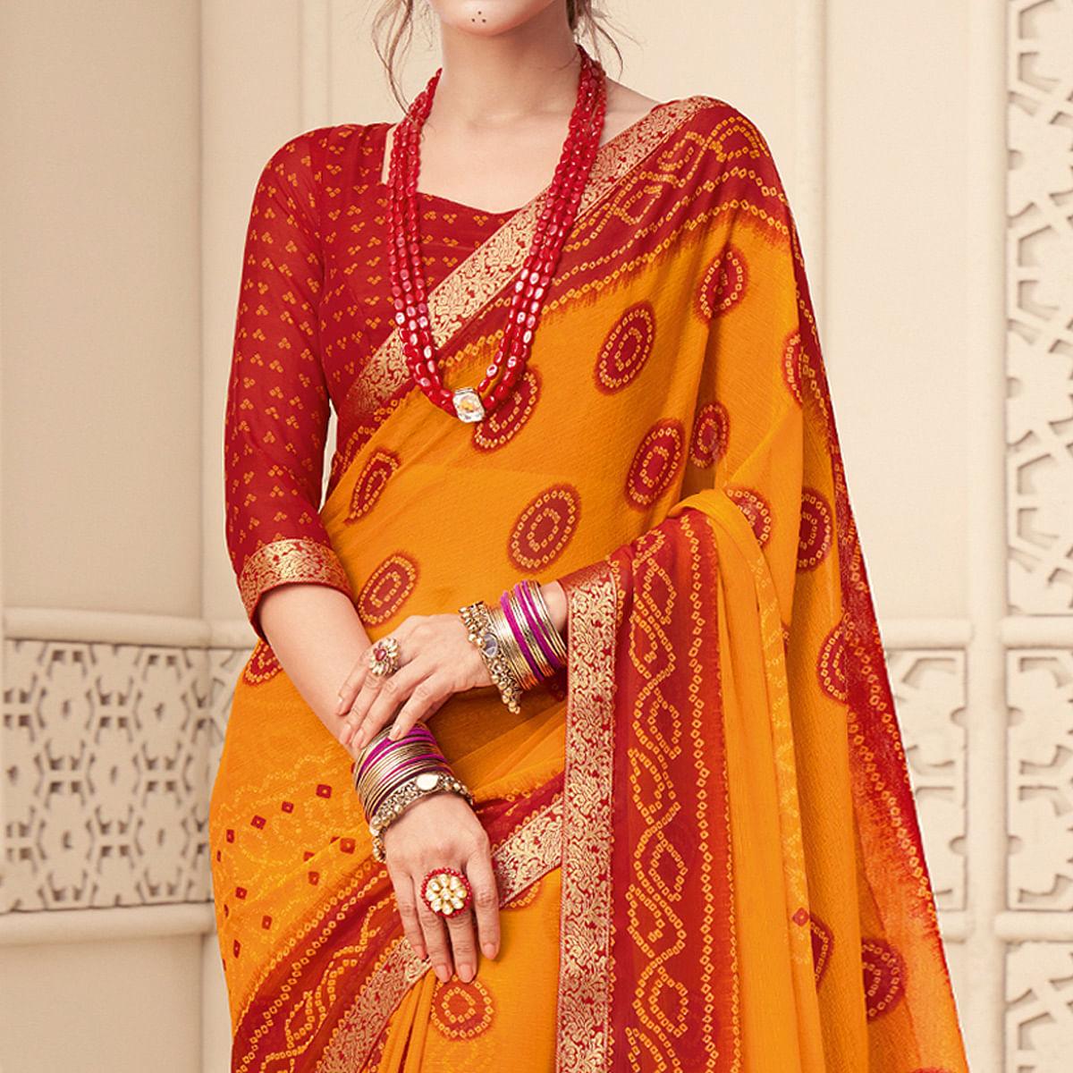 Mustard-Yellow Casual Wear Bandhani Printed Chiffon Saree With Tassels - Peachmode