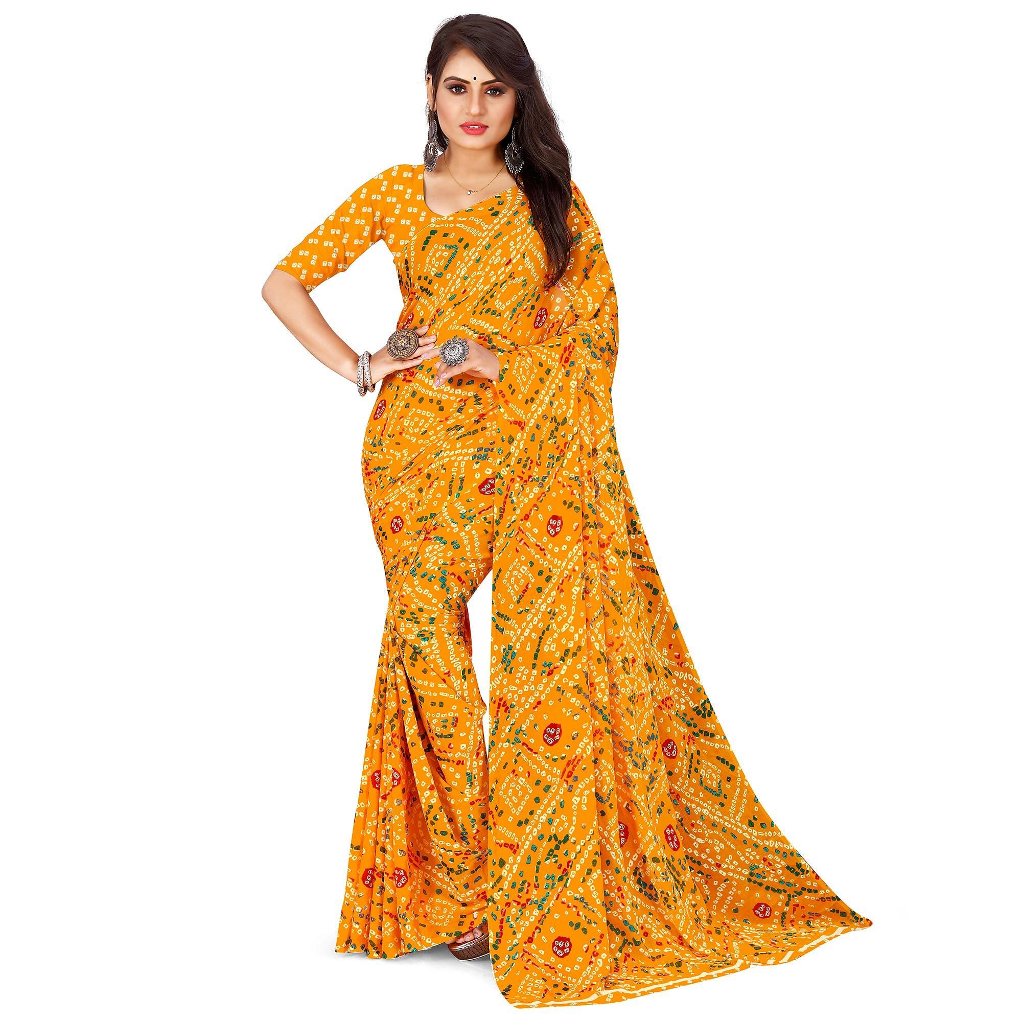 Mustard-Yellow Casual Wear Bandhani Printed Georgette Saree - Peachmode