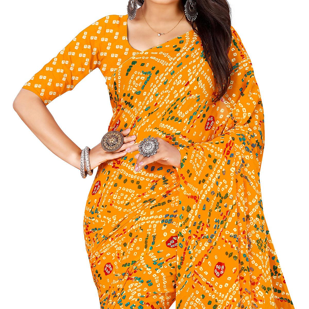 Mustard-Yellow Casual Wear Bandhani Printed Georgette Saree - Peachmode