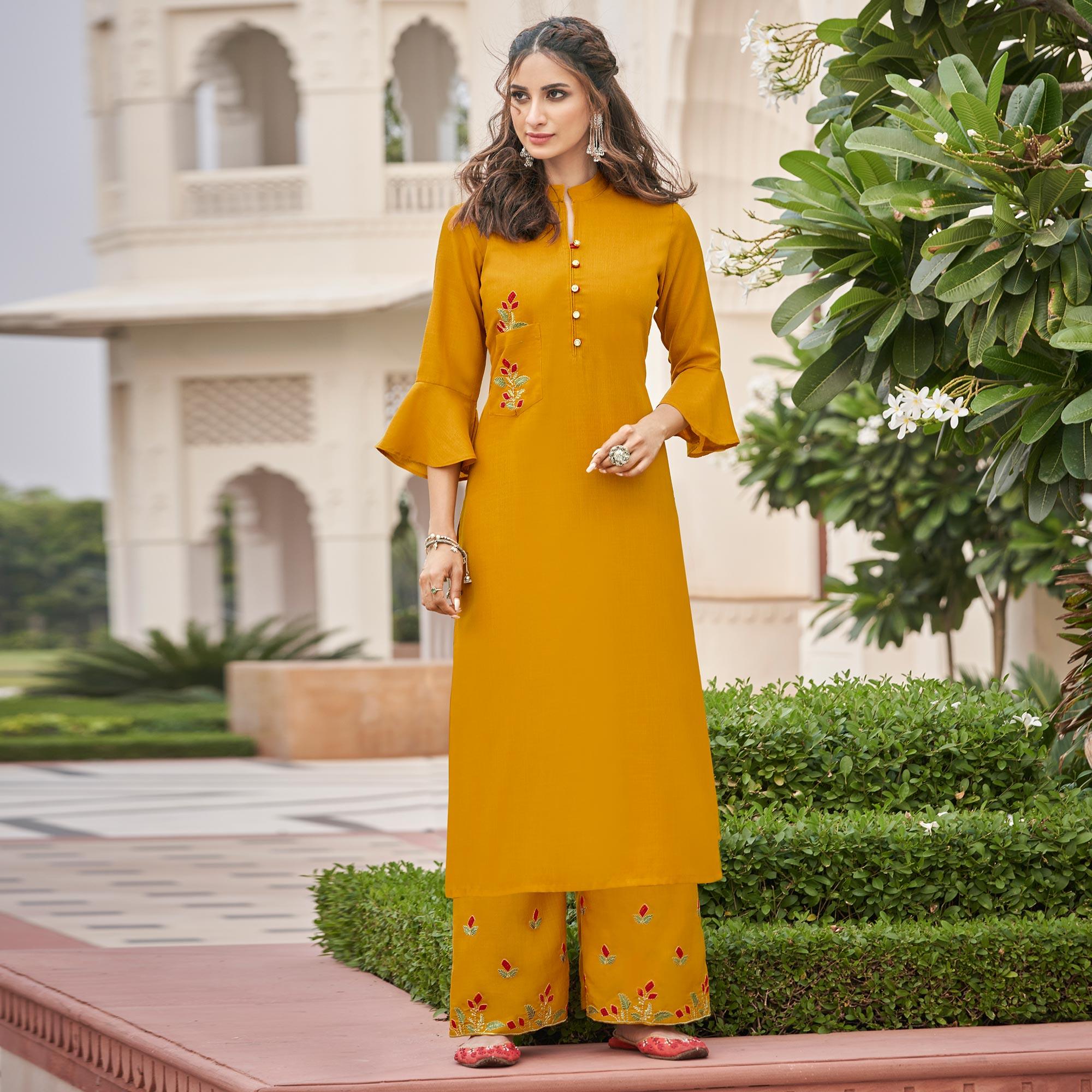 Mustard Yellow Casual Wear Embroidered Cotton Palazzo Suit