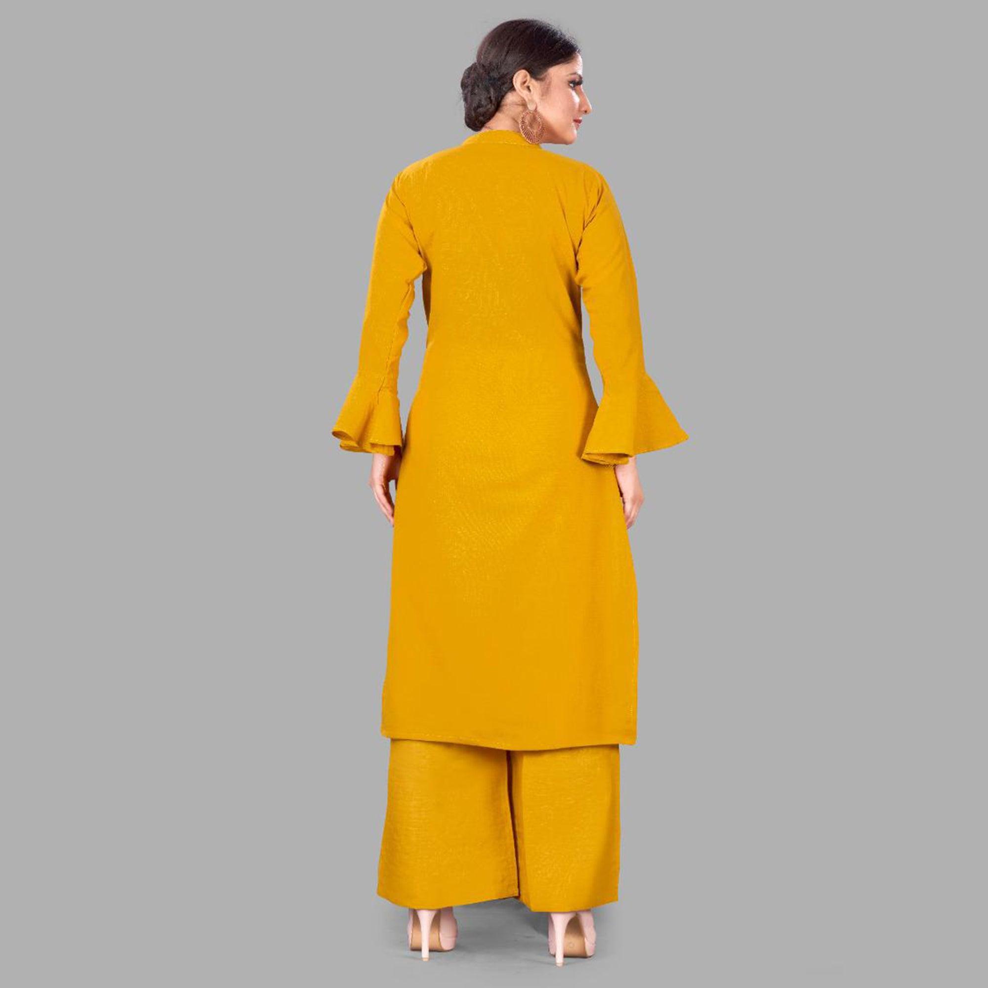 Mustard Yellow Casual Wear Embroidered Cotton Palazzo Suit - Peachmode