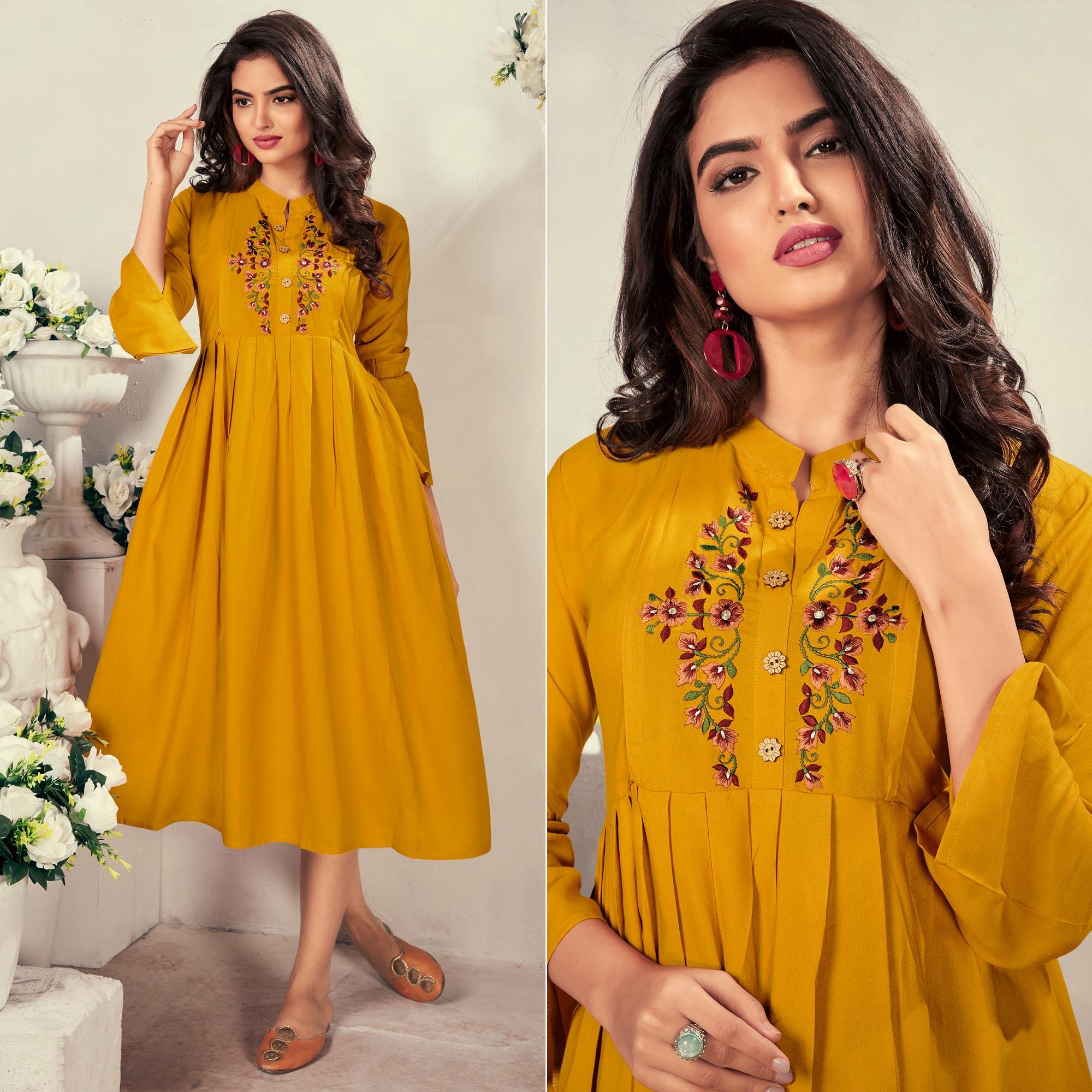 Mustard Yellow Casual Wear Embroidered Rayon Maternity Kurti - Peachmode