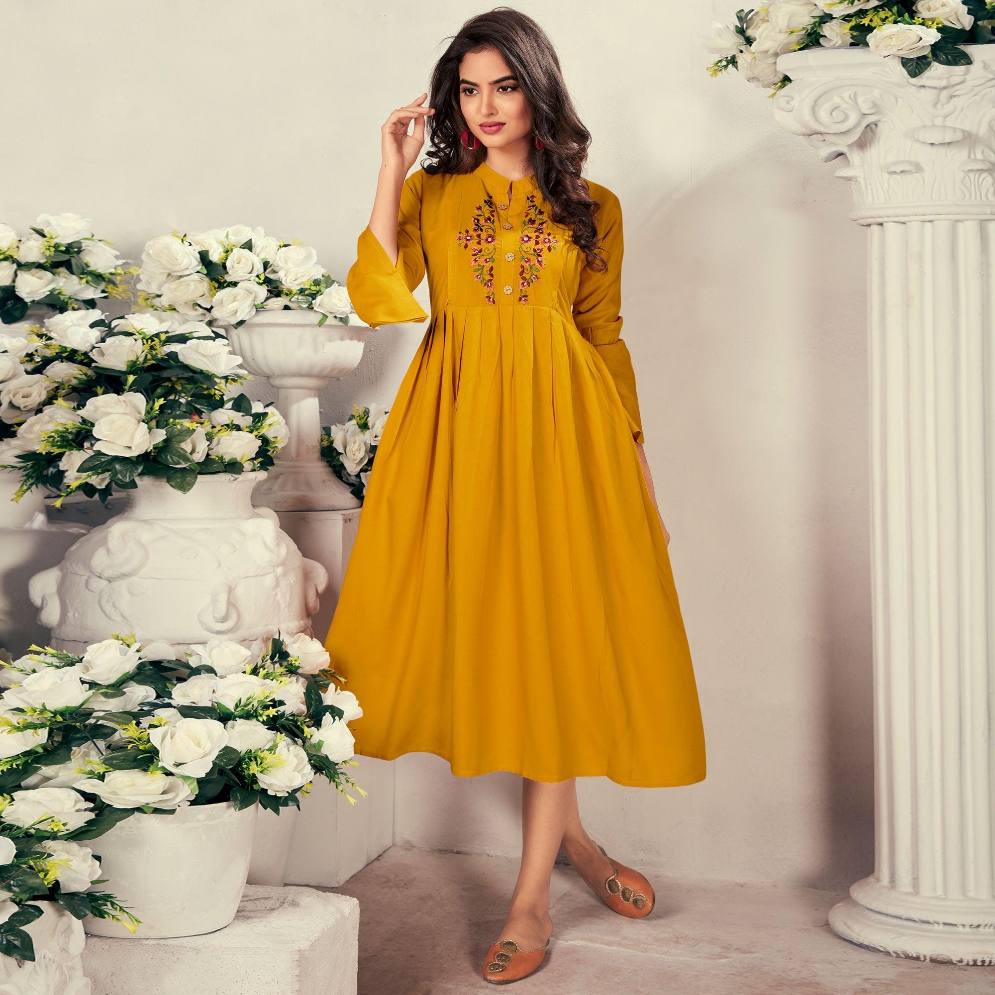 Mustard Yellow Casual Wear Embroidered Rayon Maternity Kurti - Peachmode