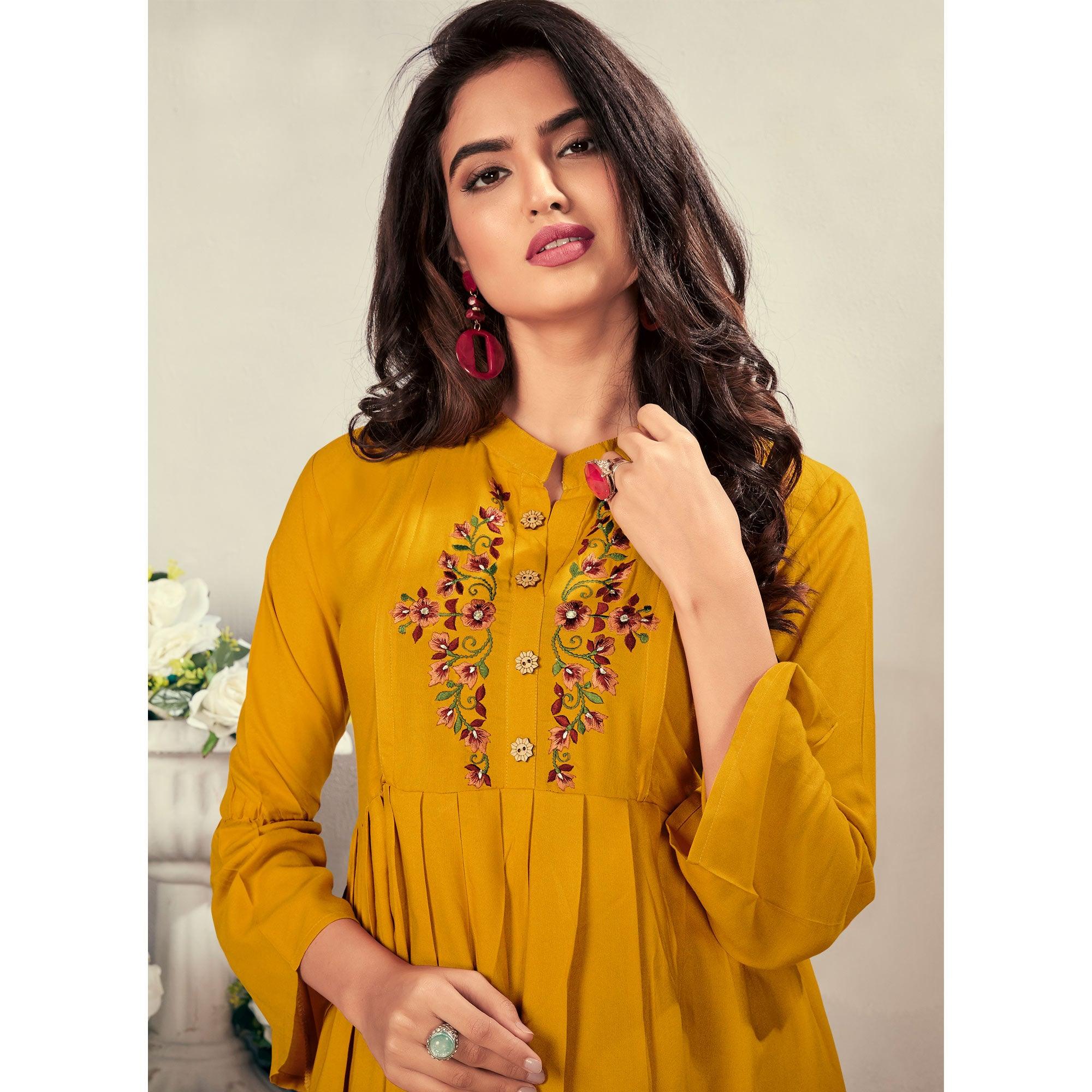 Mustard Yellow Casual Wear Embroidered Rayon Maternity Kurti - Peachmode