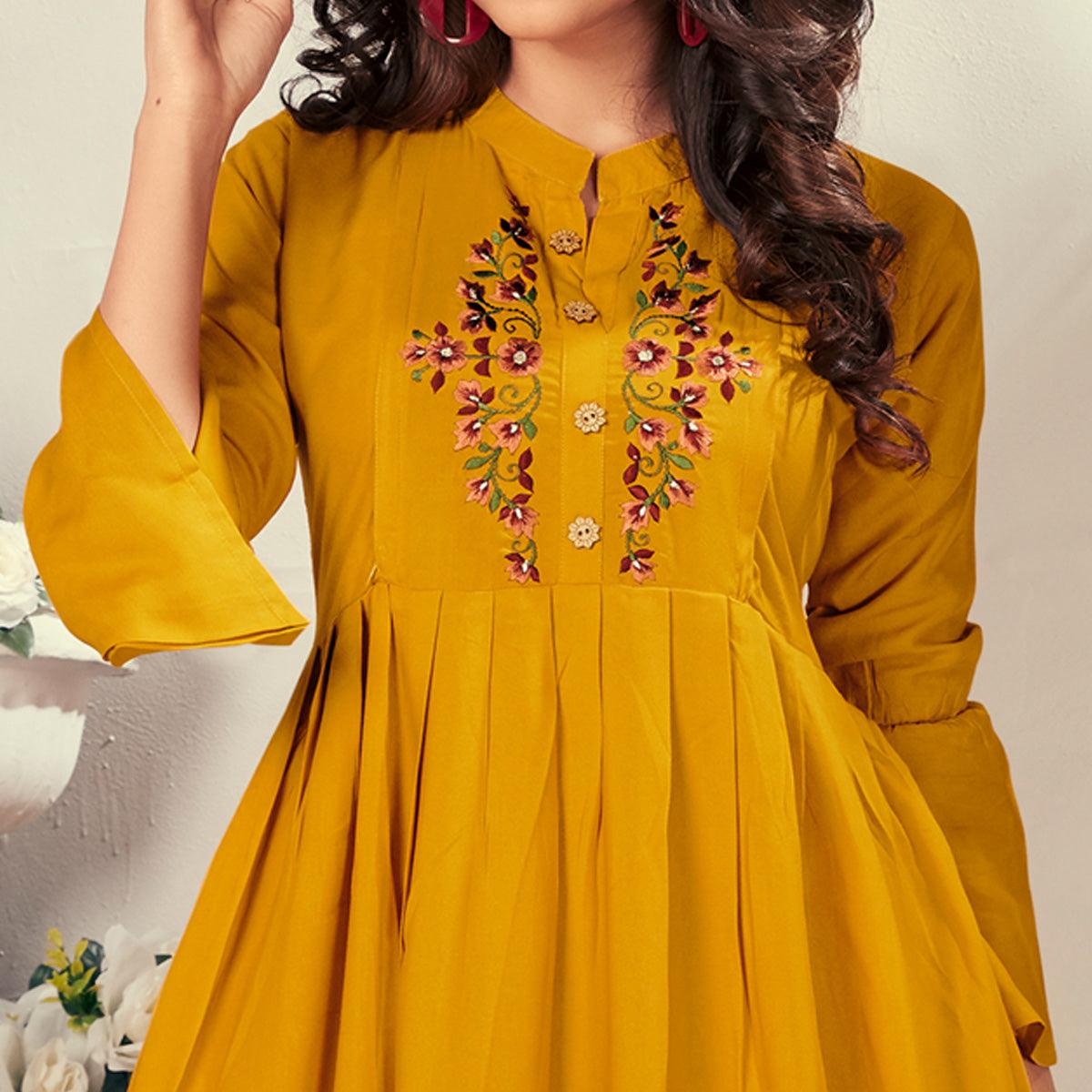 Mustard Yellow Casual Wear Embroidered Rayon Maternity Kurti - Peachmode