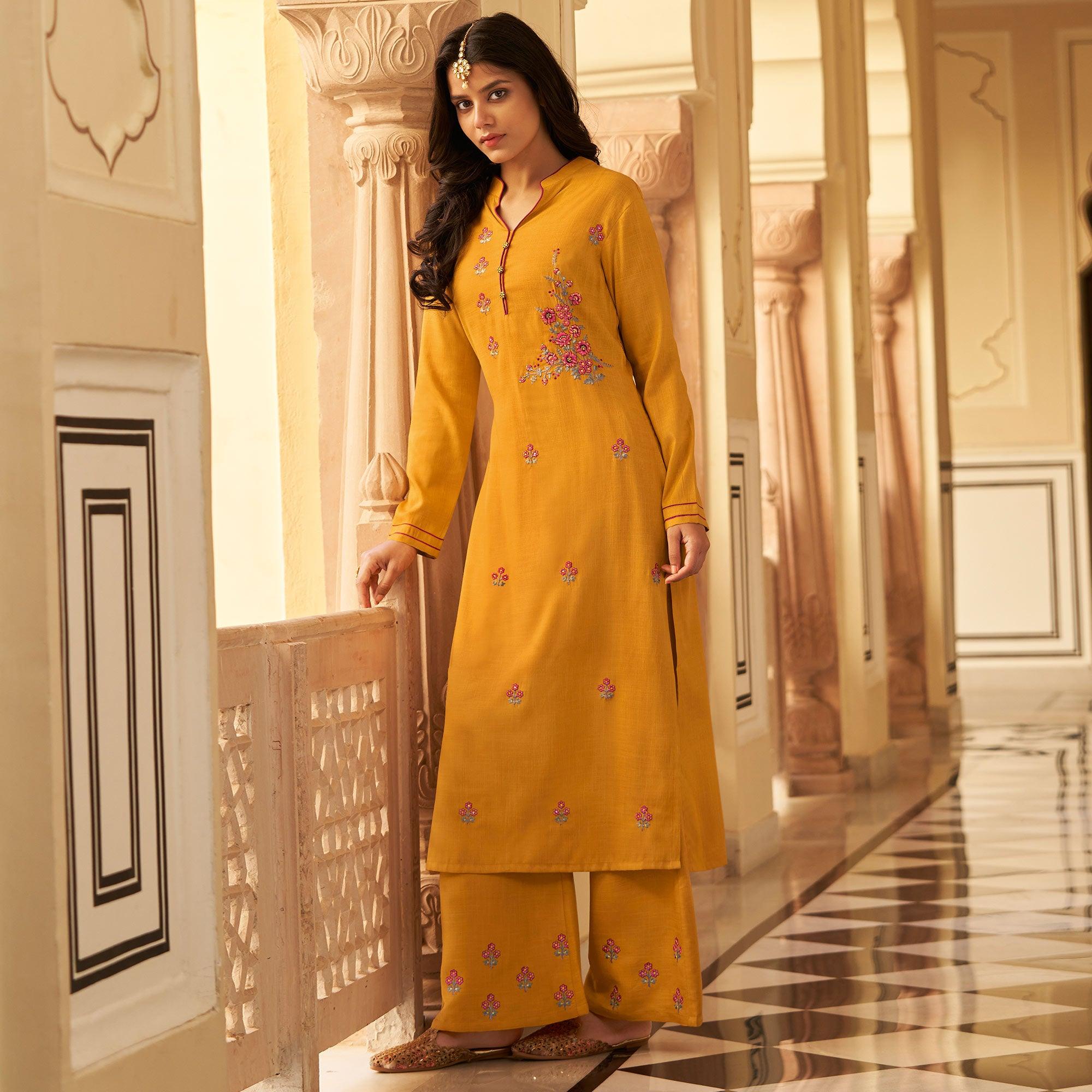 Mustard Yellow Casual Wear Floral Embroidered Silk Two Tone Palazzo Suit - Peachmode