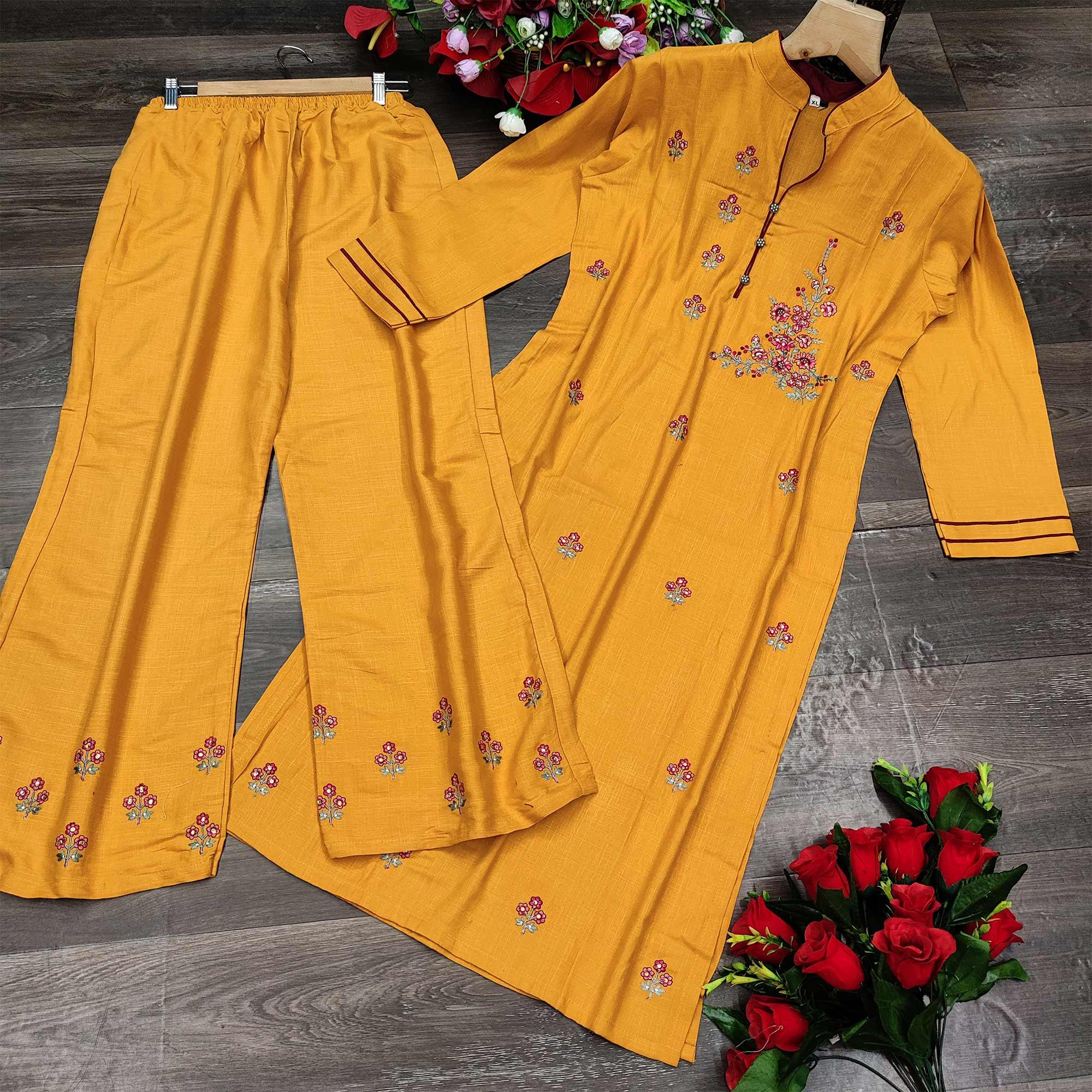 Mustard Yellow Casual Wear Floral Embroidered Silk Two Tone Palazzo Suit - Peachmode