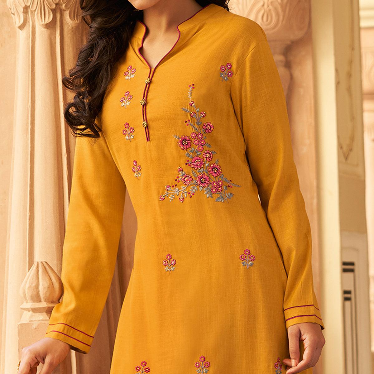 Mustard Yellow Casual Wear Floral Embroidered Silk Two Tone Palazzo Suit - Peachmode