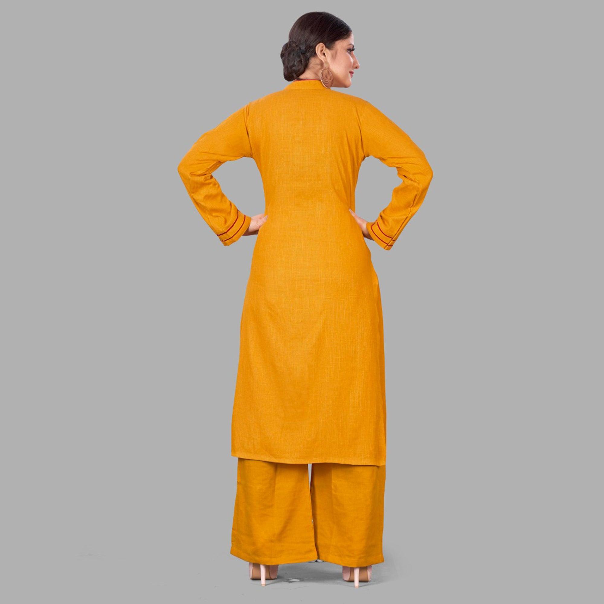 Mustard Yellow Casual Wear Floral Embroidered Silk Two Tone Palazzo Suit - Peachmode